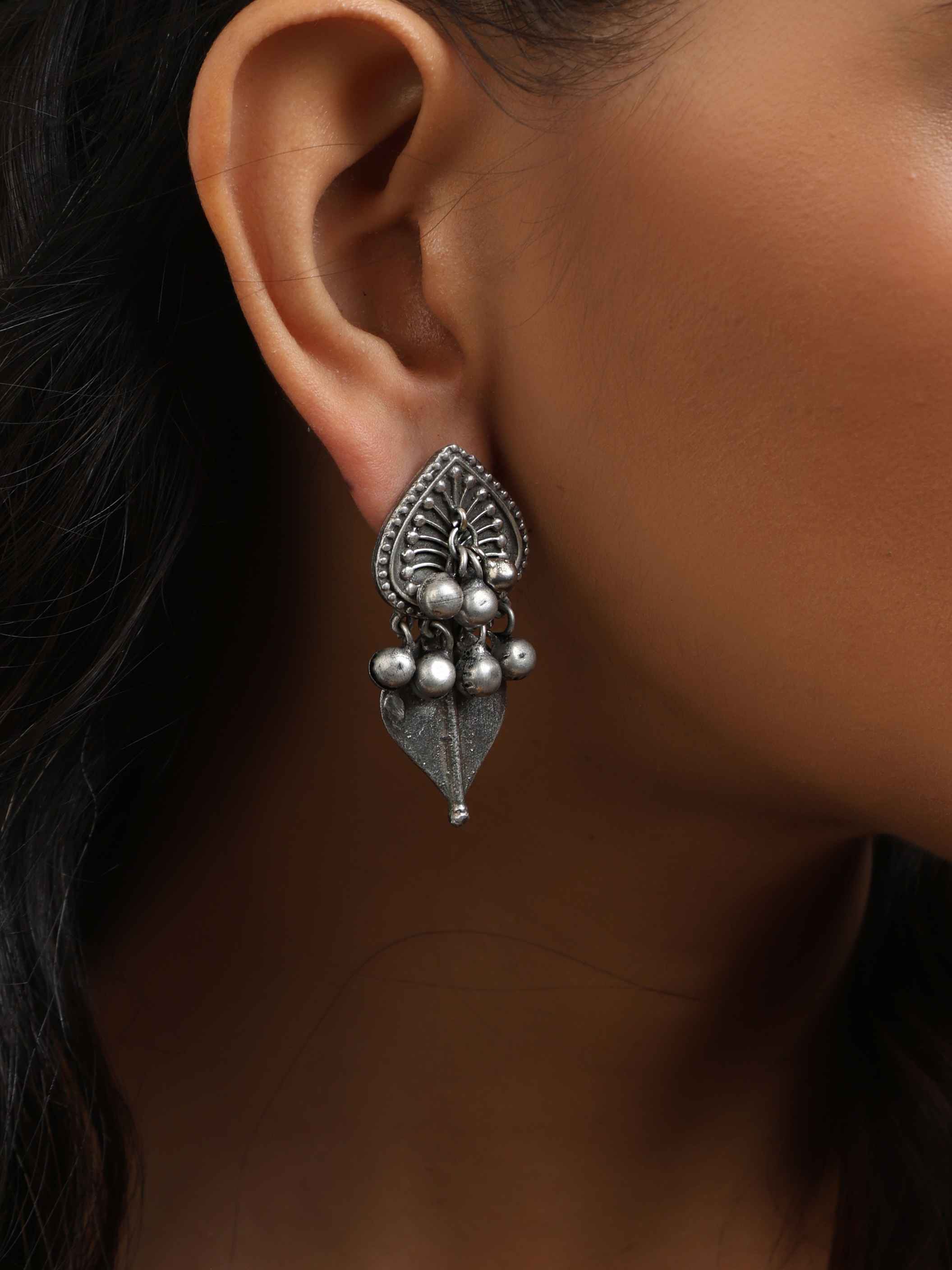 trueBrowns Silver Tone Leaf Stud Earrings - view 2