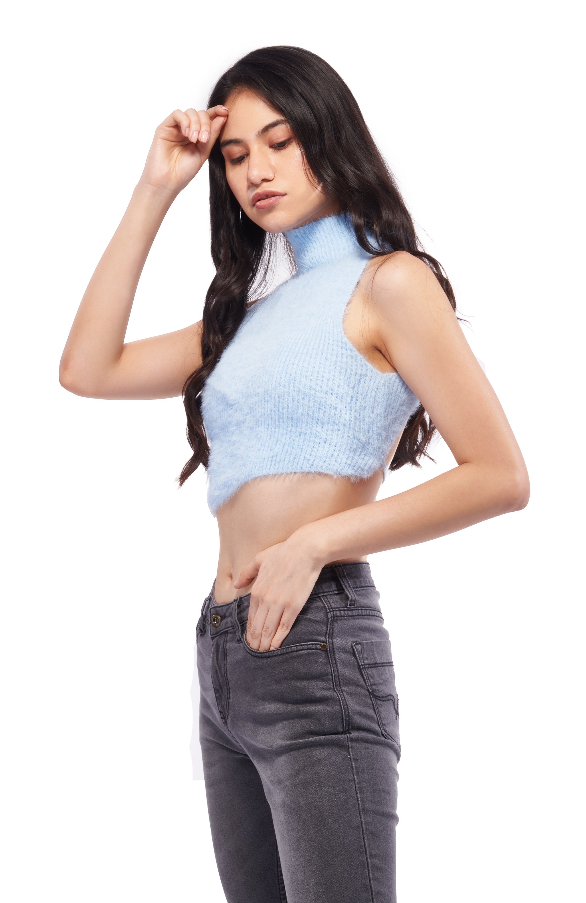 Soft Blue Full Back Cut-out Winter Top