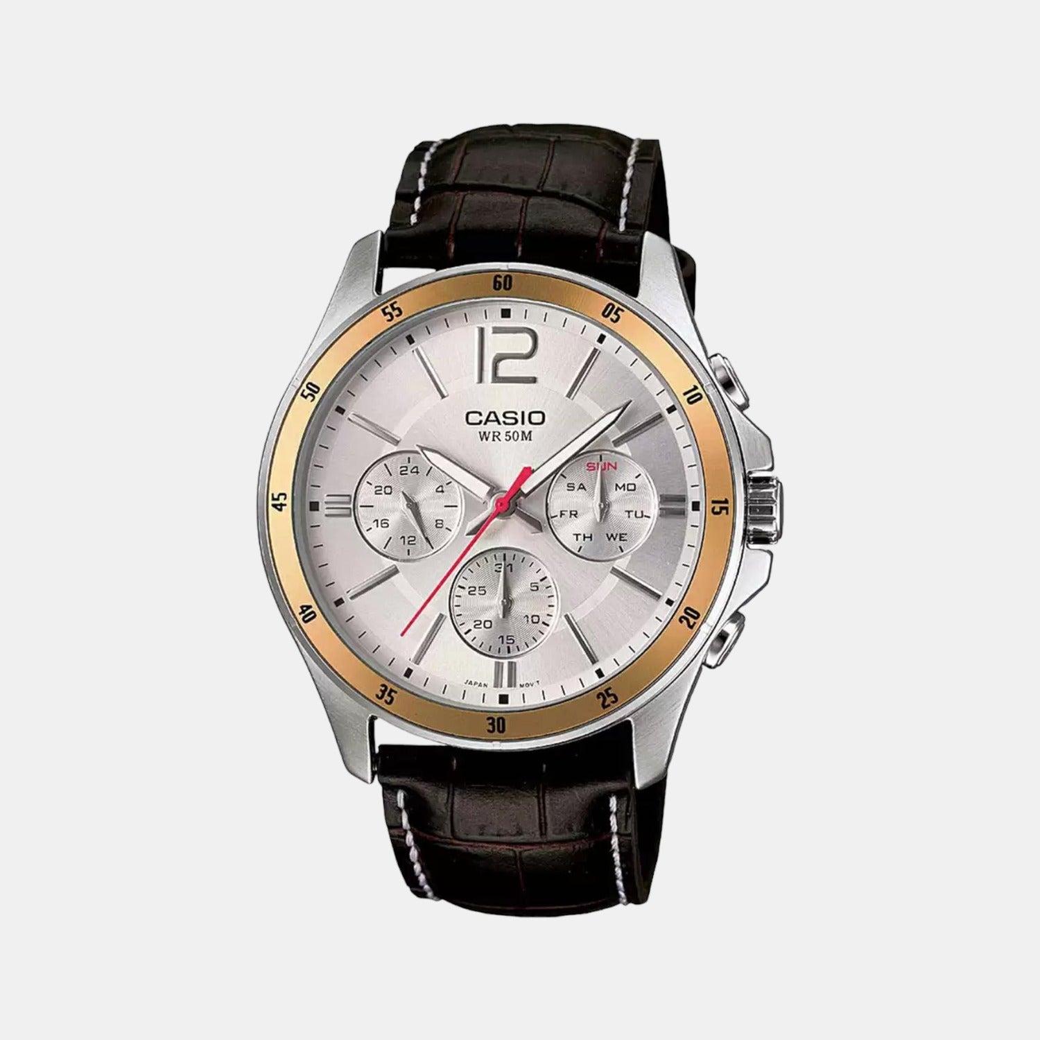 Casio Enticer Men Quartz Silver Dial Chronograph Leather Watch A835
