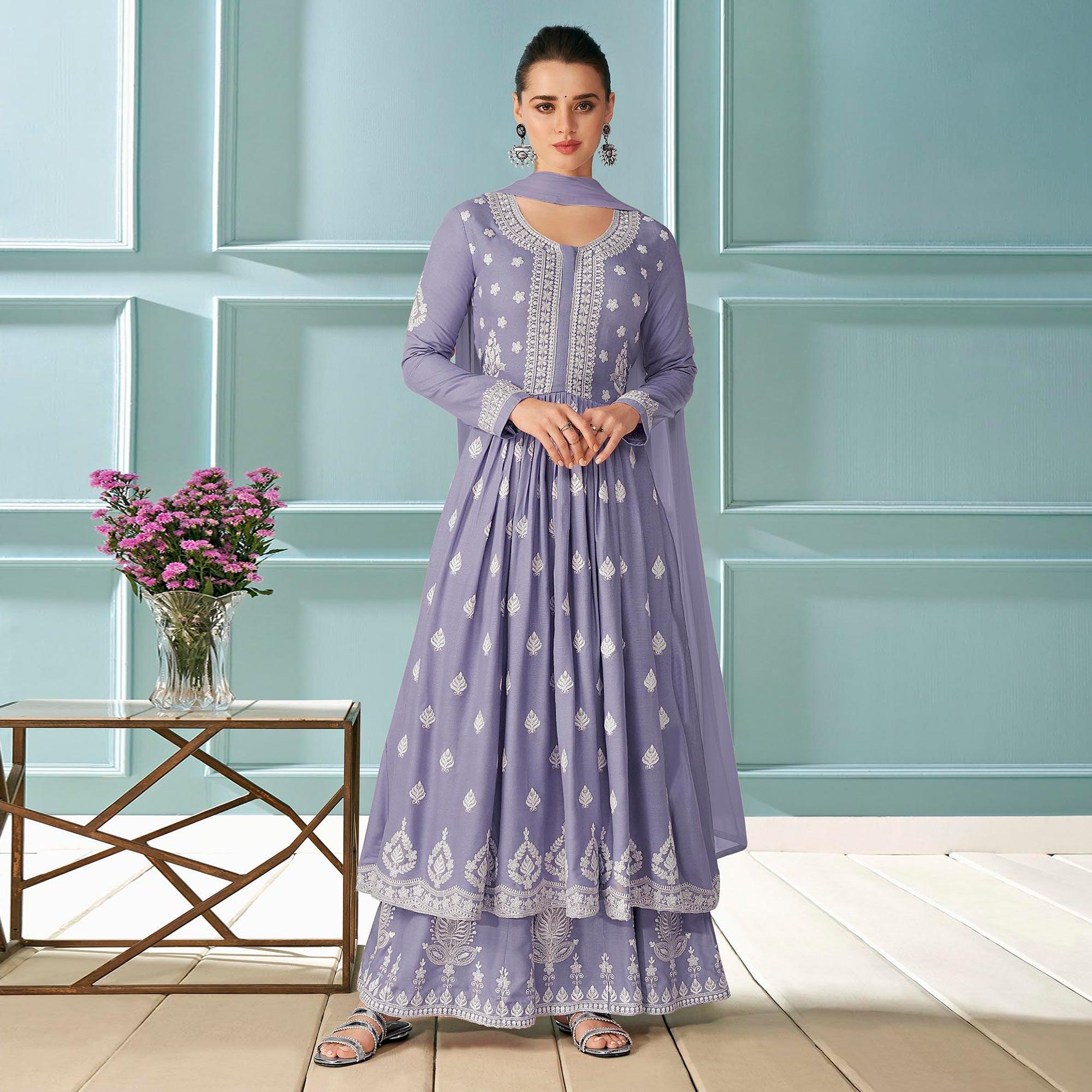 Peachmode Seller Lavender Partywear Floral Embroidered Rayon Palazzo Suit