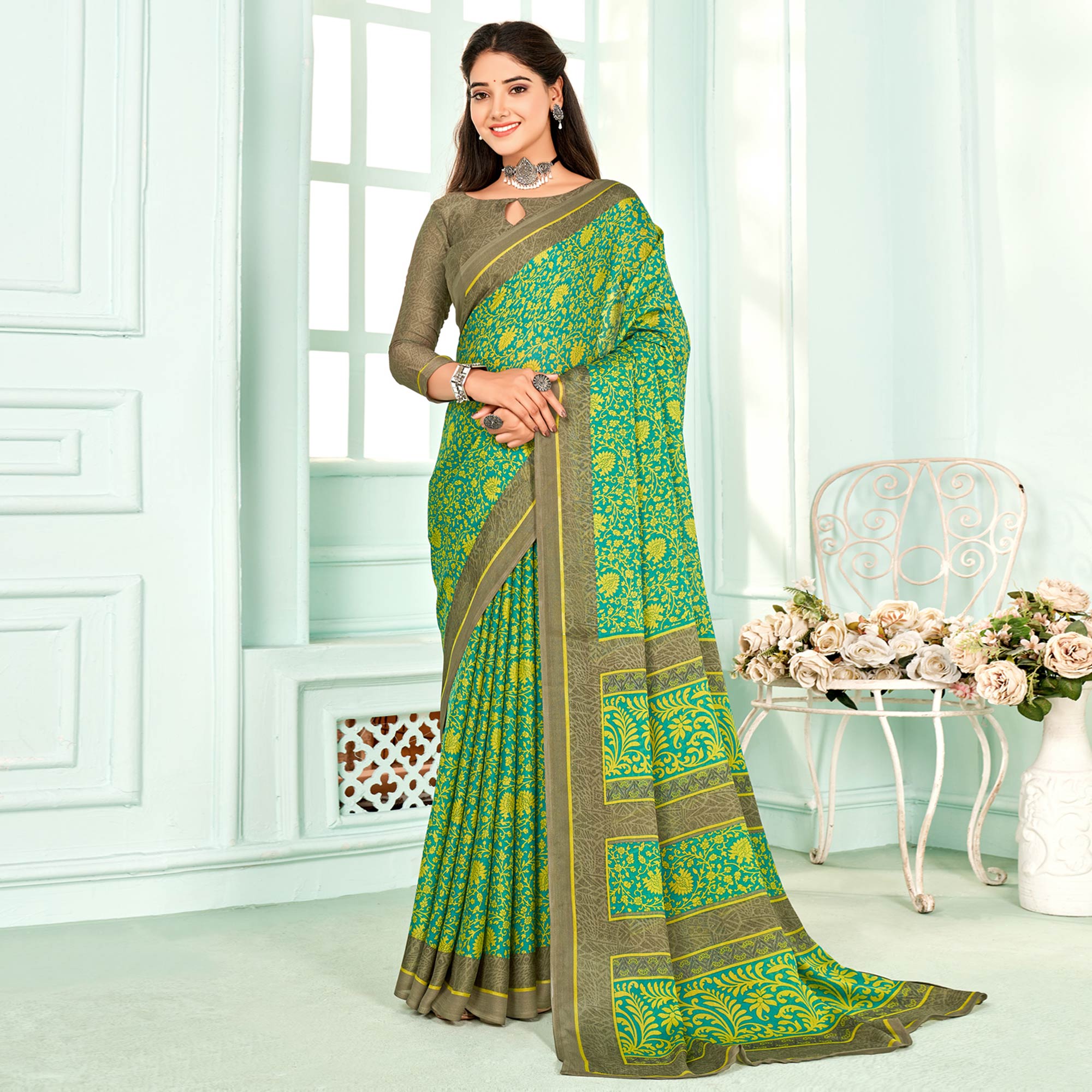 Green sarees – BlackTree green-floral-printed-chiffon-saree-4