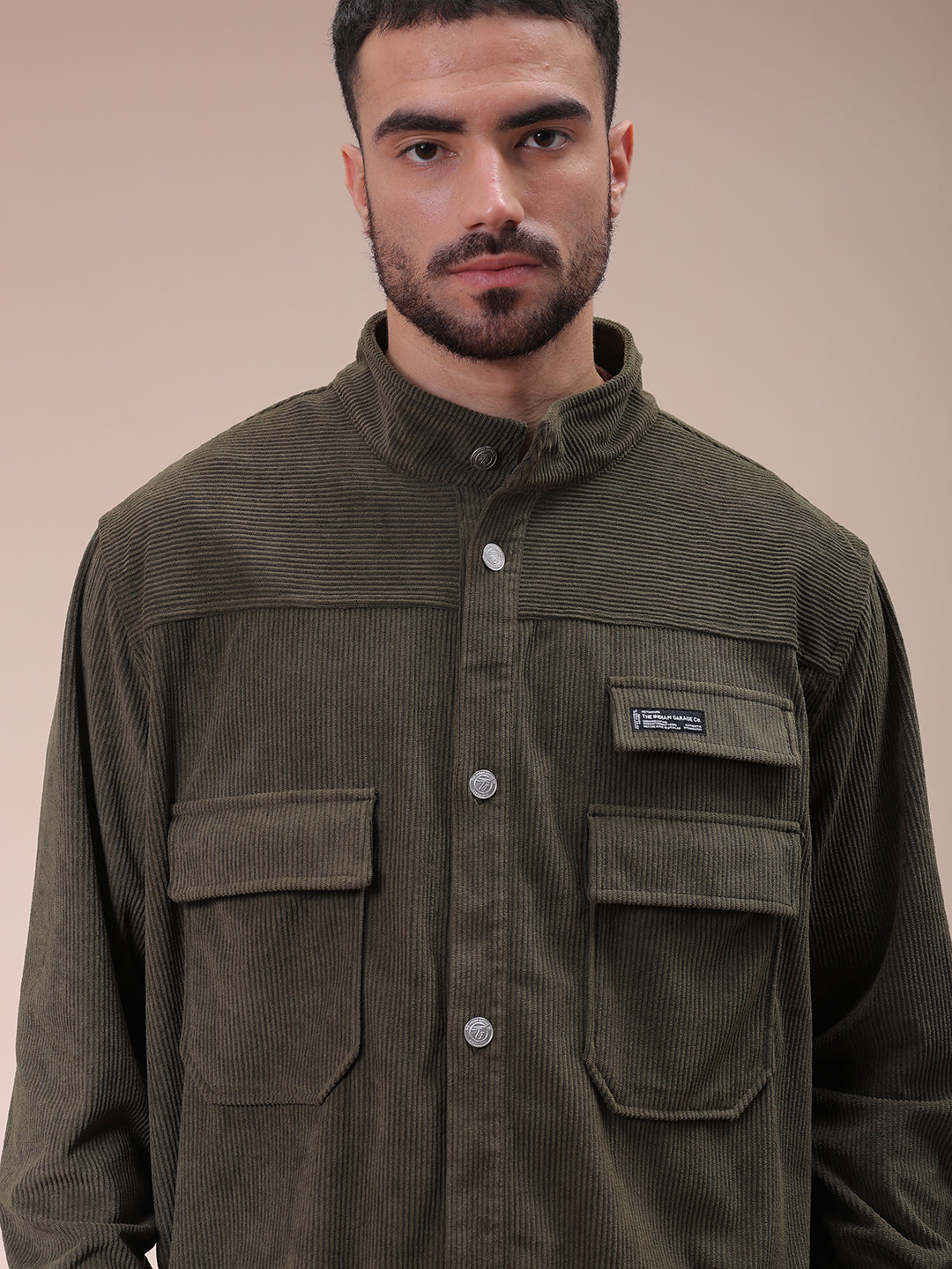 The Indian Garage Co Men's Olive Relaxed Fit Knitted Corduroy Utility Jacket
