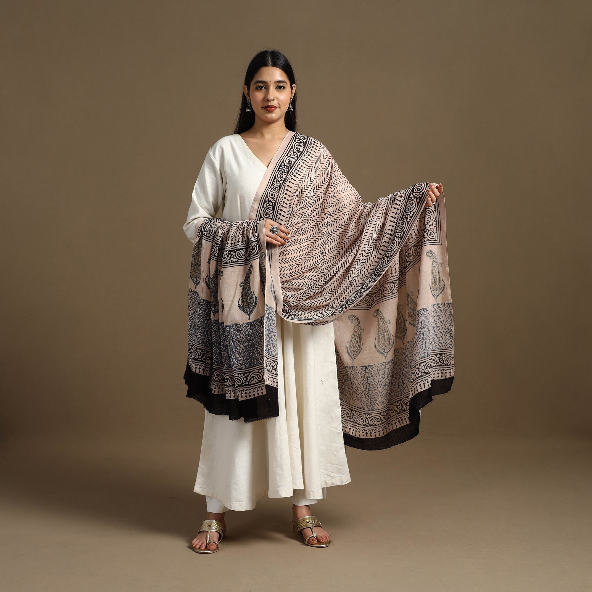 ARTISAN HAND BLOCK PRINTS Beige - Block Print Mul Cotton Bagru Dupatta 07