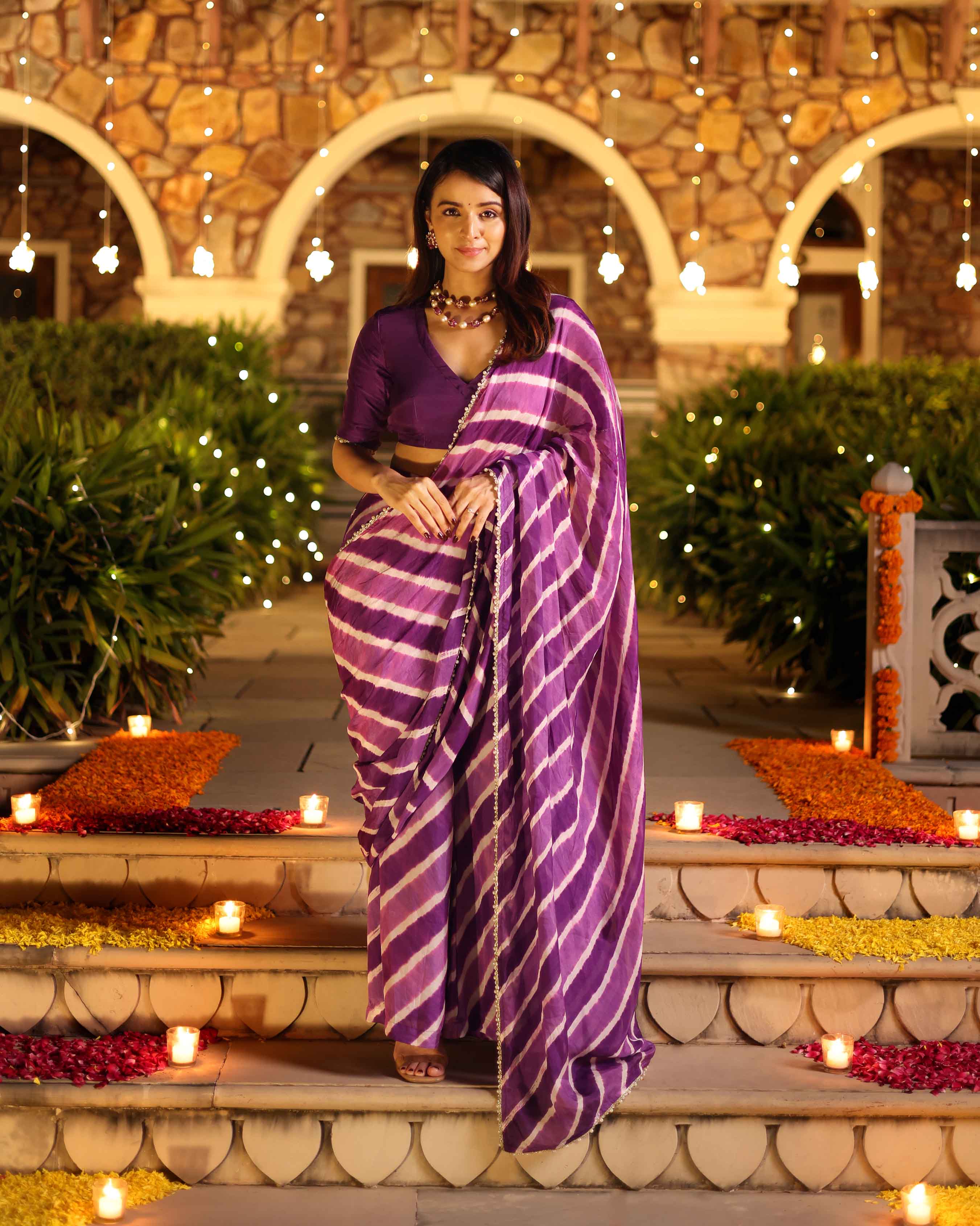 Aachho Kimaya Purple Leheriya Silk Pre Draped Saree - view 3