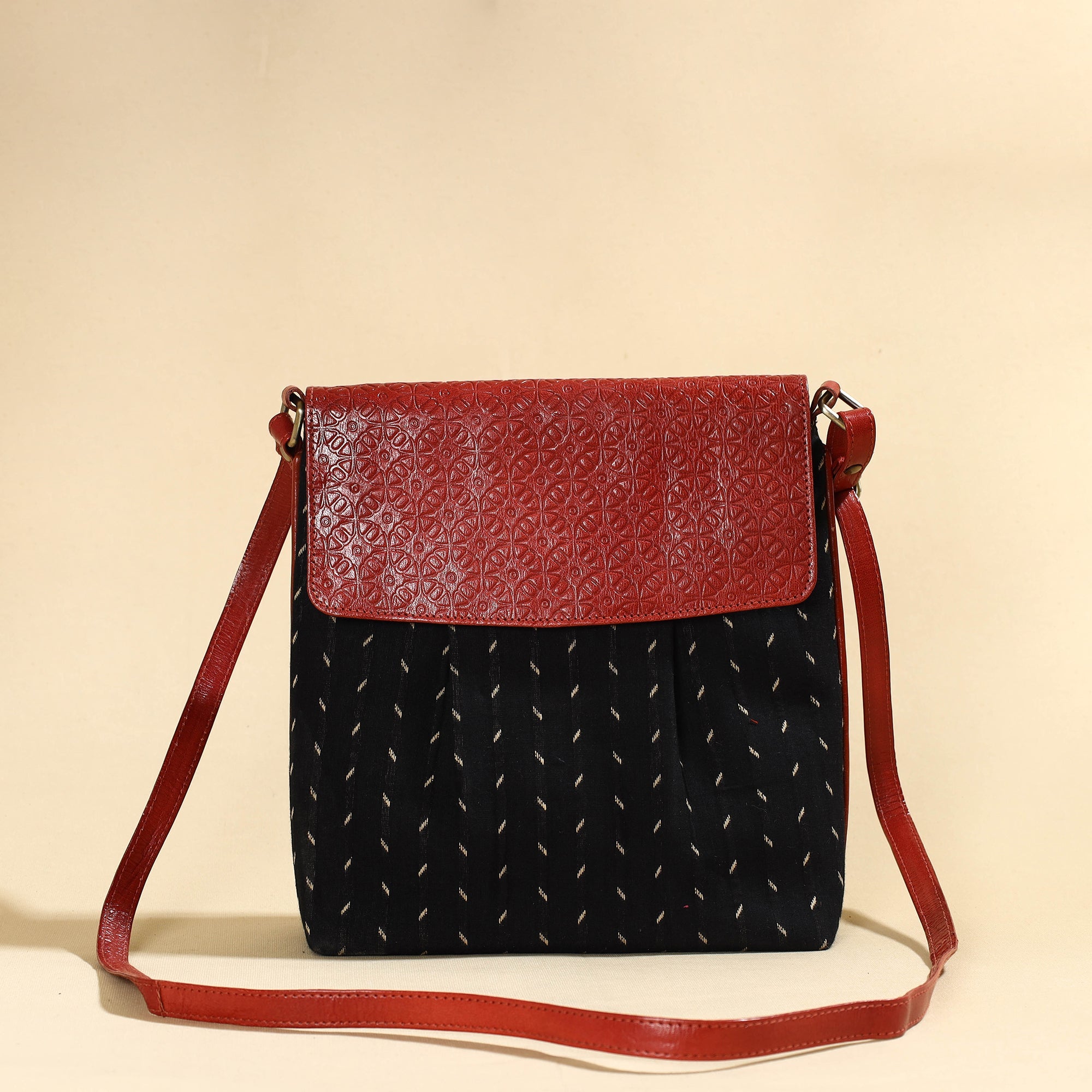 ASALKAAR Black - Handcrafted Ikat Fabric Sling Bag with Embossed Leather Flap - view 2