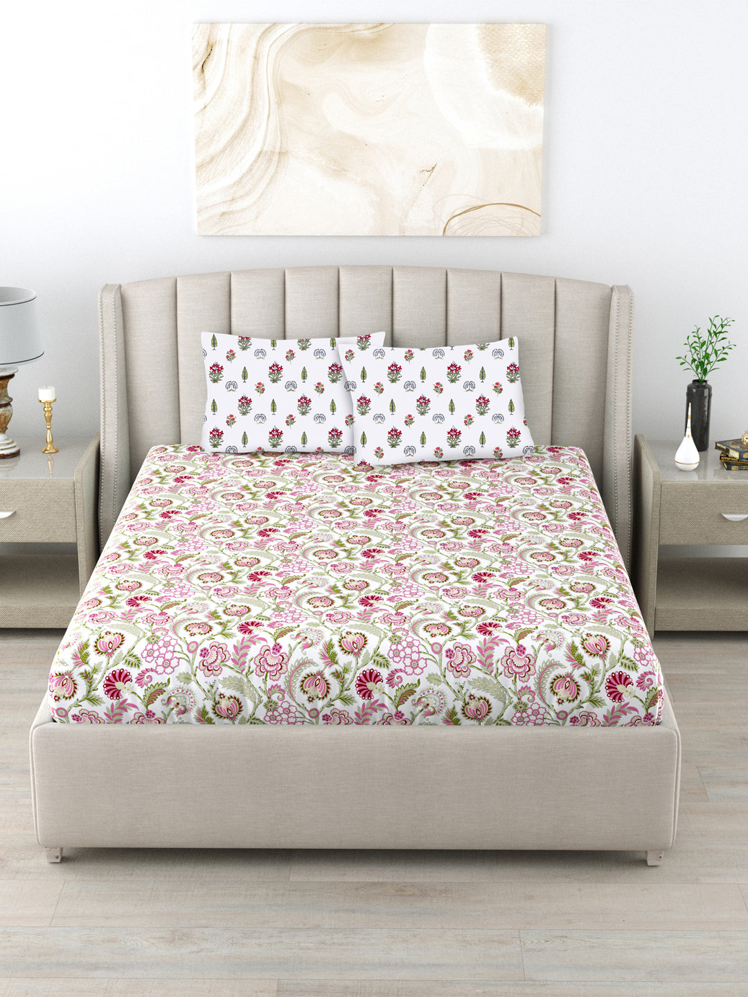 Urban Space -Home Furnishing Store Fitted King Size Cotton Bedsheet - Creeper Pink