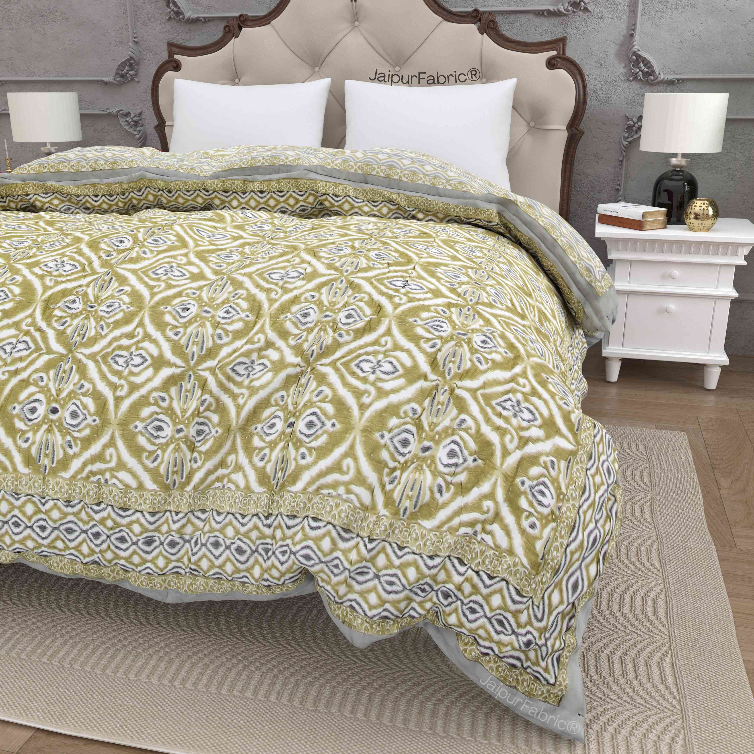 JaipurFabric® Saffron Splendor Reversible Double Bed Quilt Rajai with Ornate Geometric Charms Design