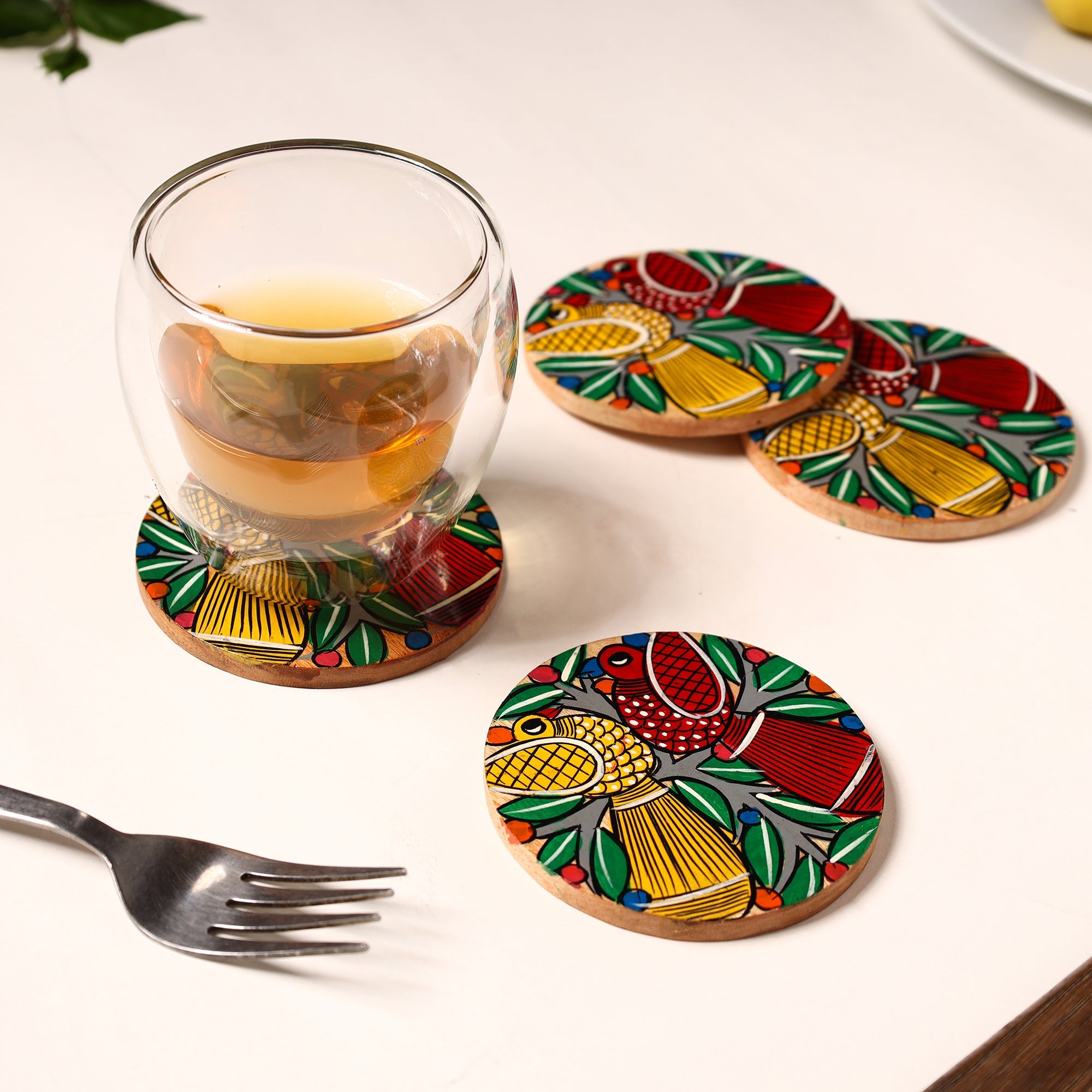 ITOKRI CRAFTS INITIATIVE Bengal Patua Handpainted Akashmoni Wooden Coasters (Set of 4) 18 - view 3