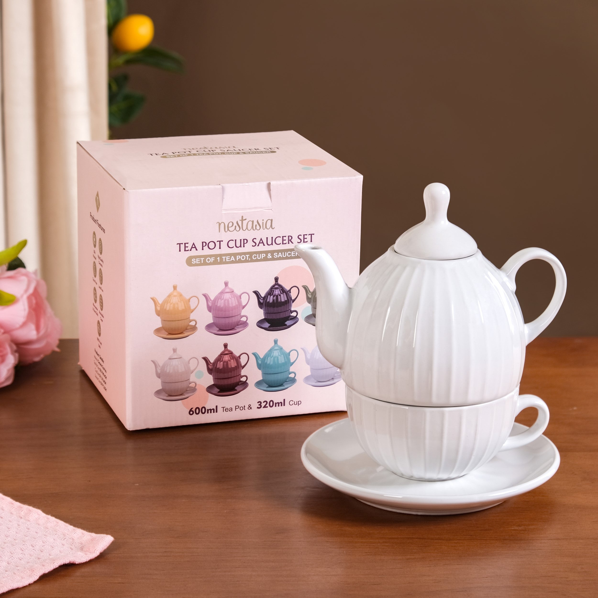 Nestasia Ambrosia White Ceramic Teapot With Cup And Saucer