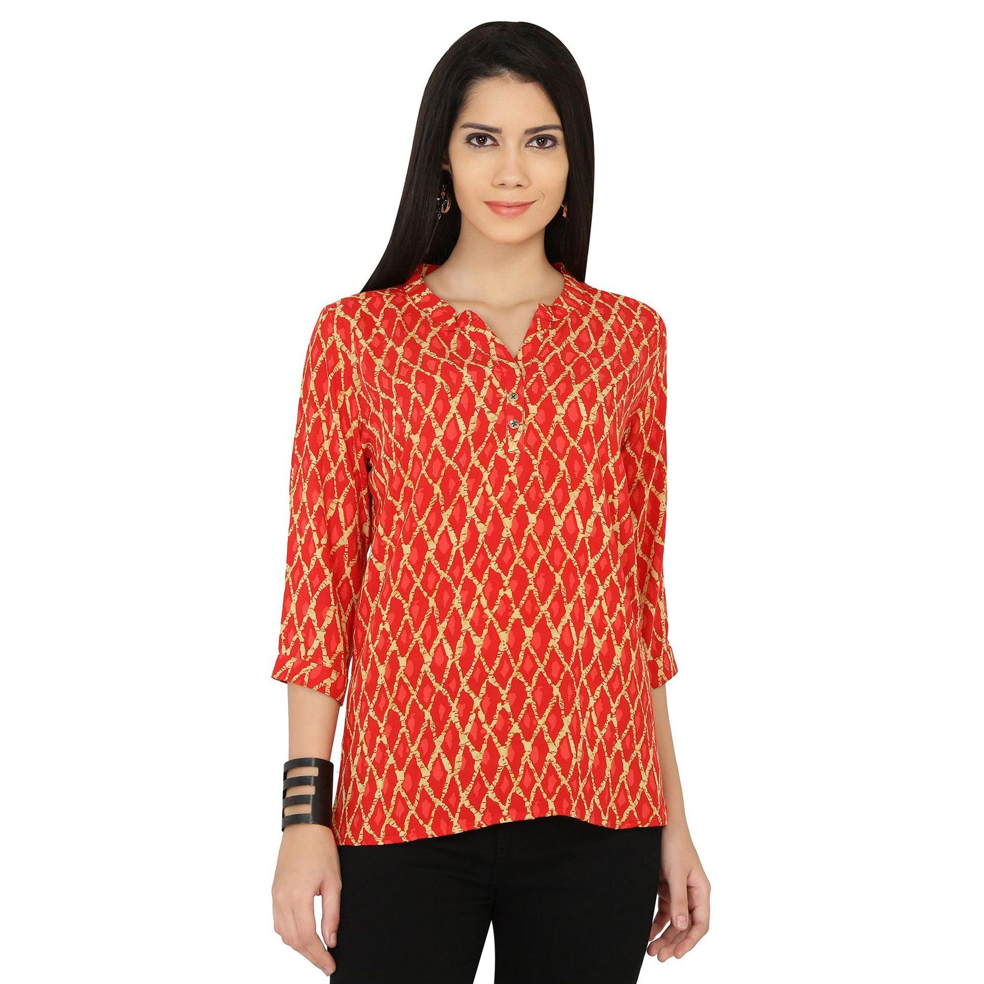 Peachmode Chimpaaanzee - Orange Colored Casual Printed Viscose Top