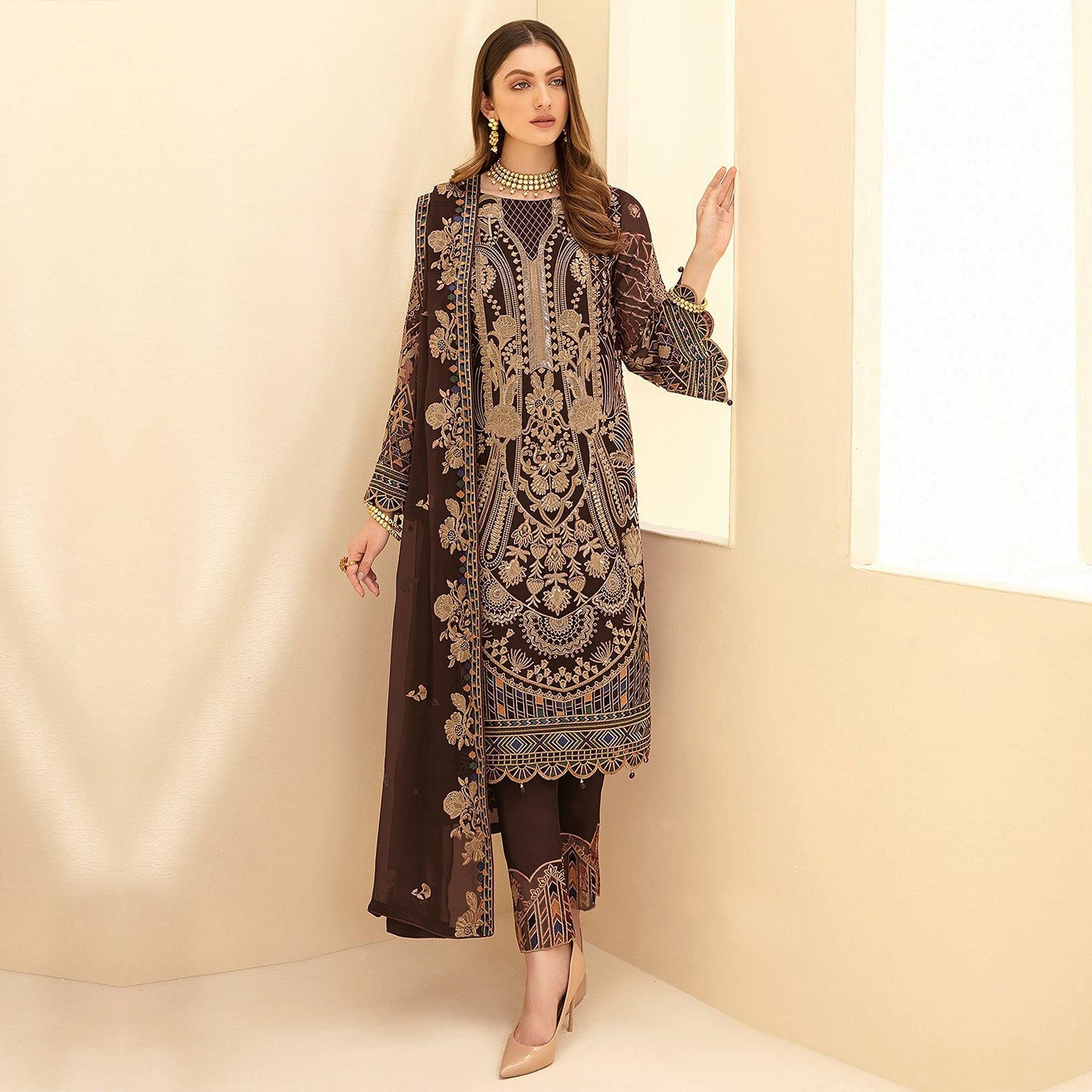 Peachmode Coffee Party Wear Embroidered Georgette Pakistani Suit