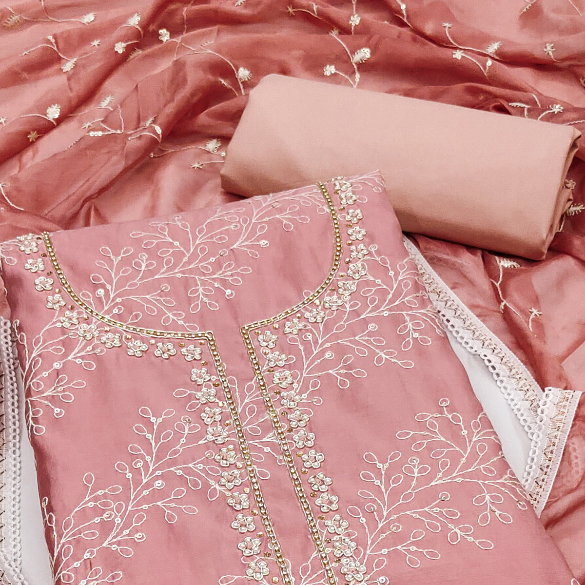 Peachmode Mauve Embroidered Cotton Blend Dress Material - view 2