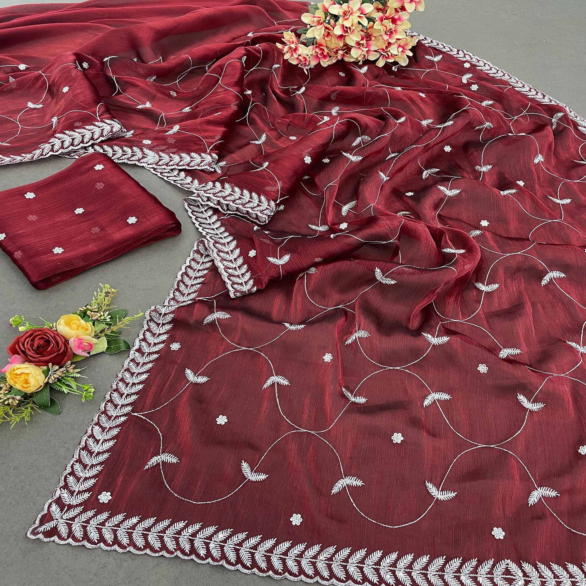 Peachmode Maroon Sequins Embroidered Chiffon Silk Saree