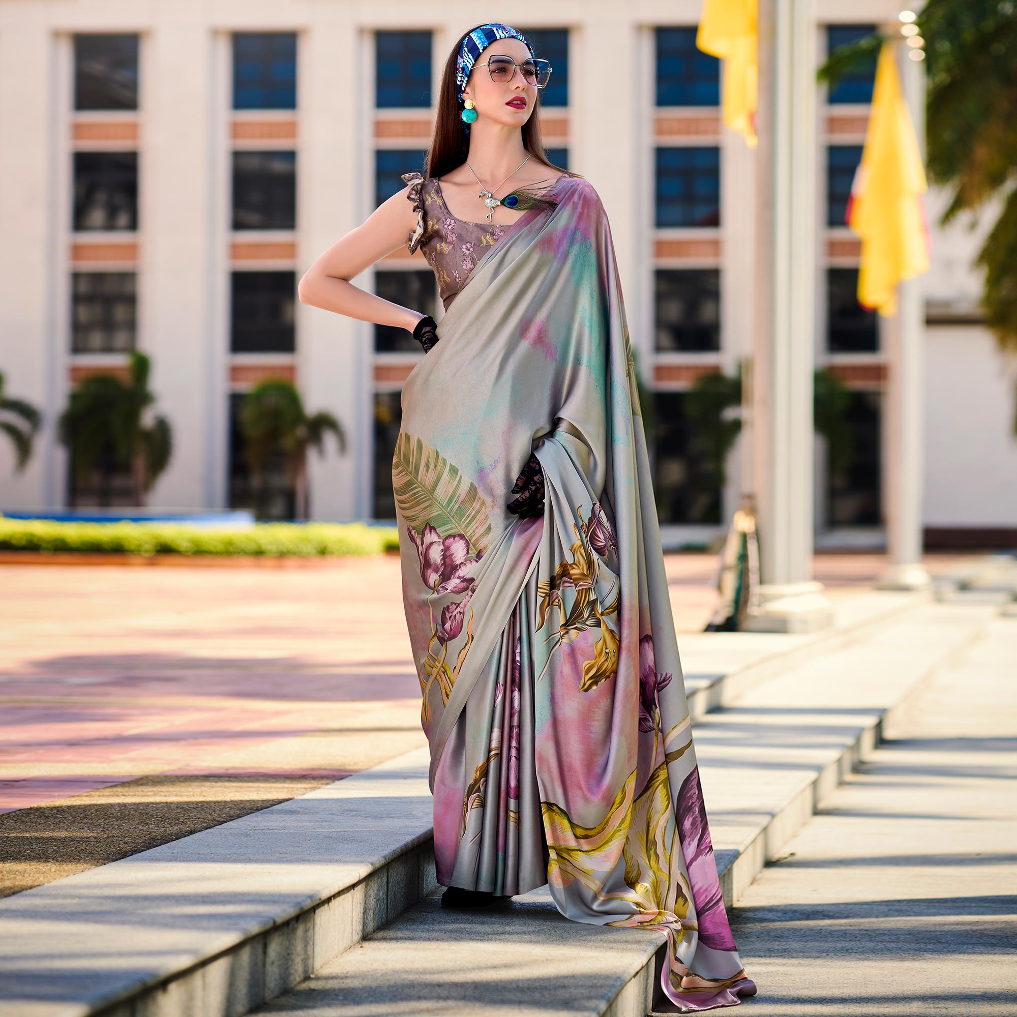 BlackTree grey-floral-digital-printed-pure-satin-saree - view 2
