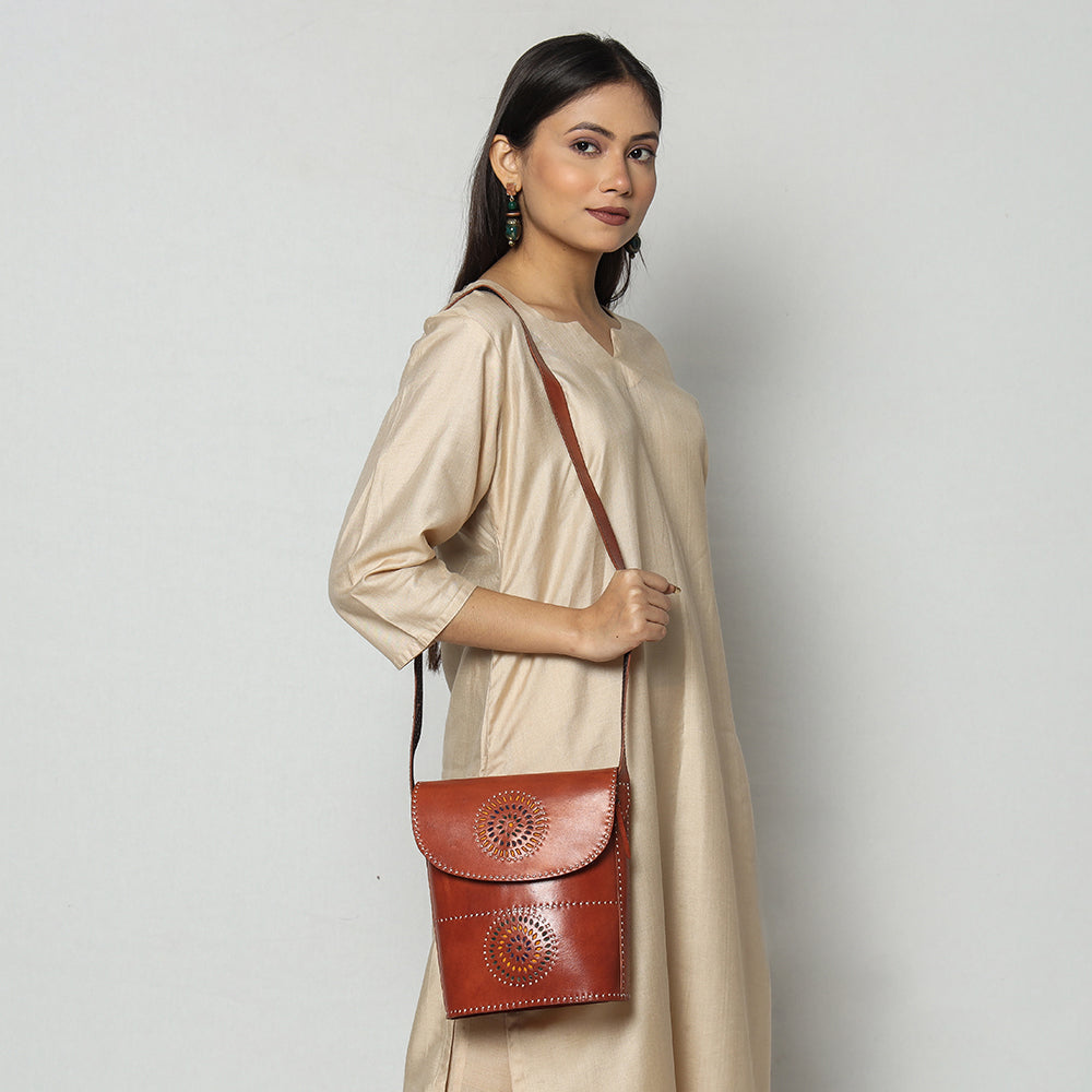 AJRAKH BY SUFIYAN ISMAIL KHATRI Brown - Handcrafted Kutch Leather Sling Bag
