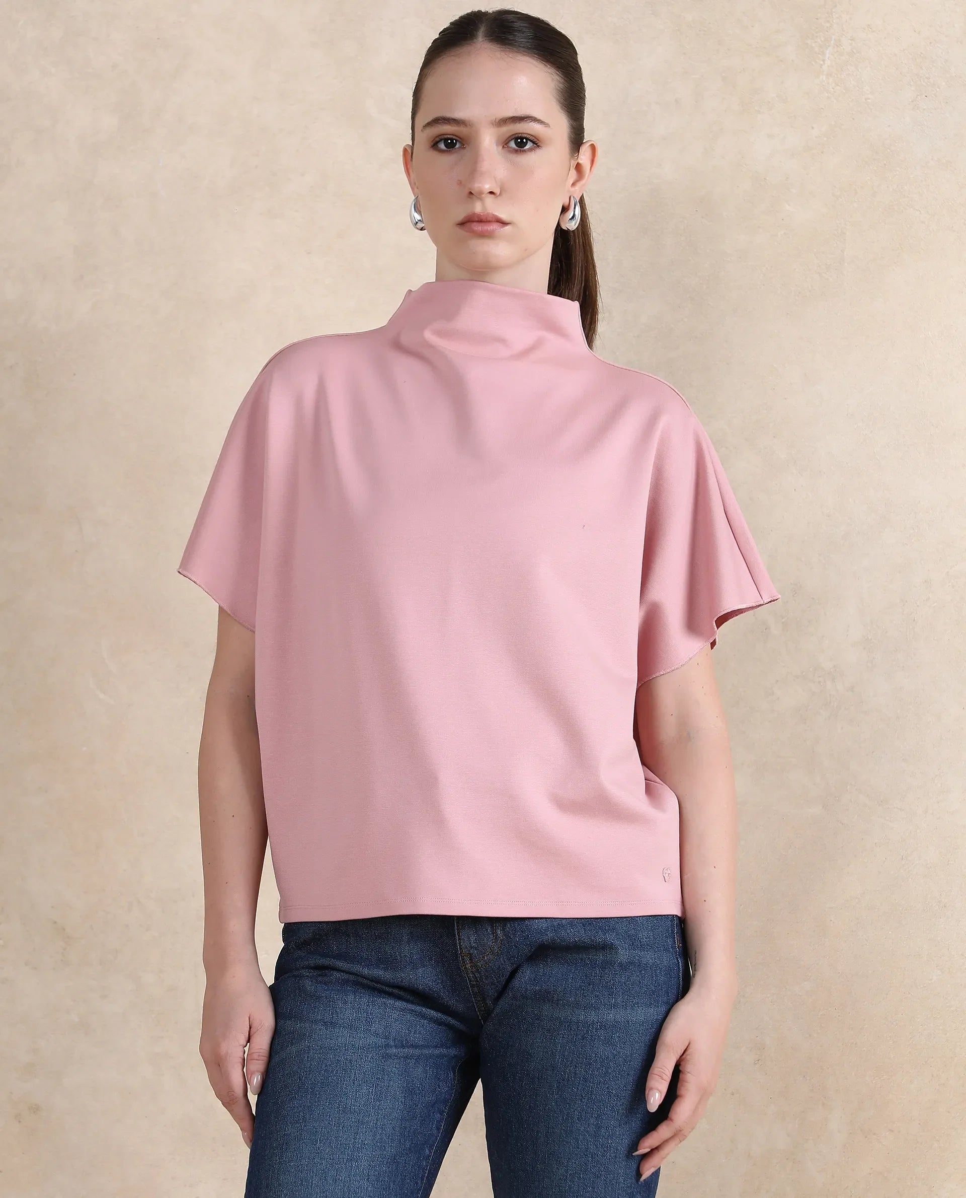 Rareism Women Worknet Pink Cotton Viscose Fabric Extended Sleeves High Neck Relaxed Fit Plain Top - view 4