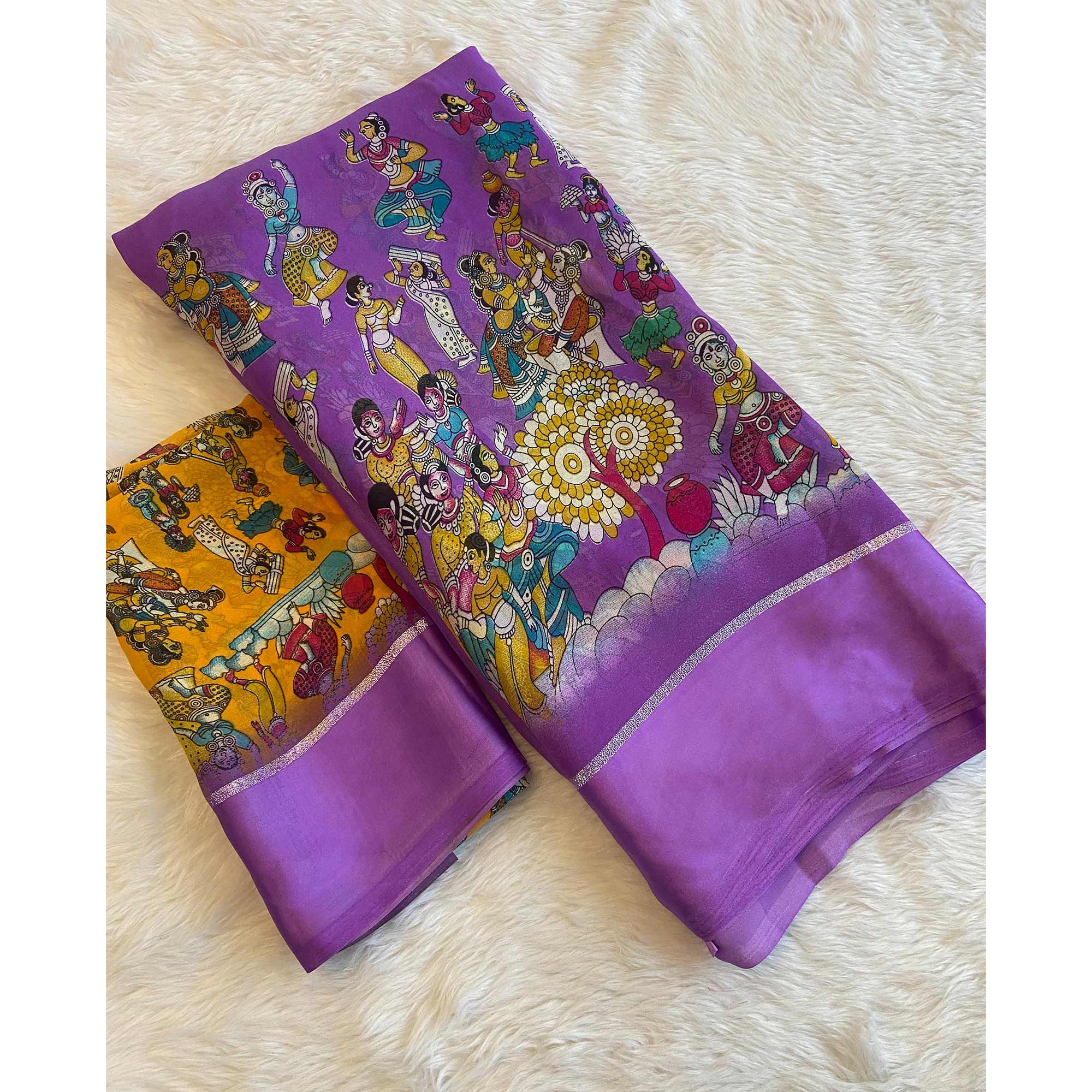 Peachmode Lavender Printed Georgette Saree With Satin Border - view 3