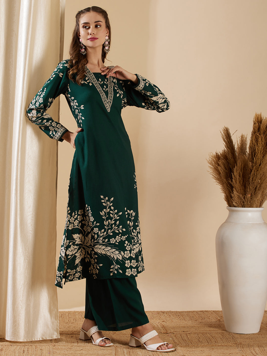 Fashor Floral Printed & Hand Embroidered A-Line Kurta with Flared Palazzo - Green - view 5