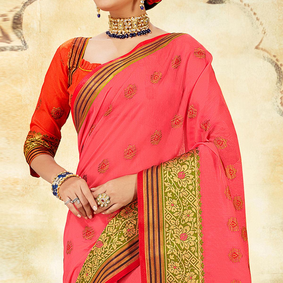 Peachmode Elegant Pink Colored Festive Wear Woven Cotton Saree - view 2