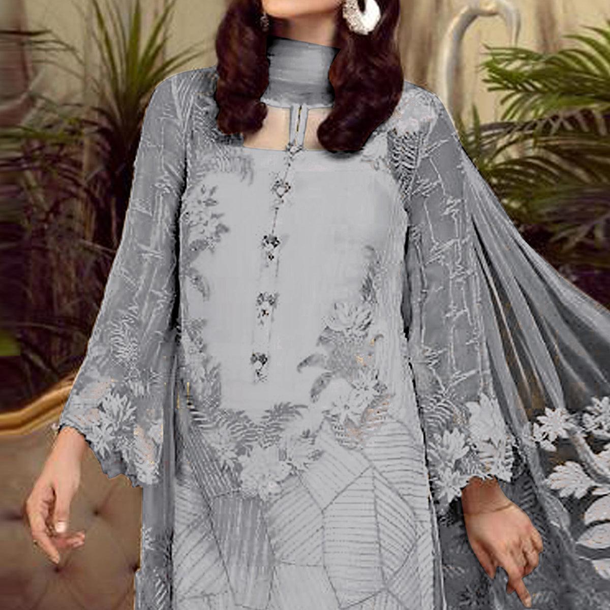 Peachmode Jazzy Grey Colored Partywear Embroidered Faux Gerogette Straight Suit - view 2
