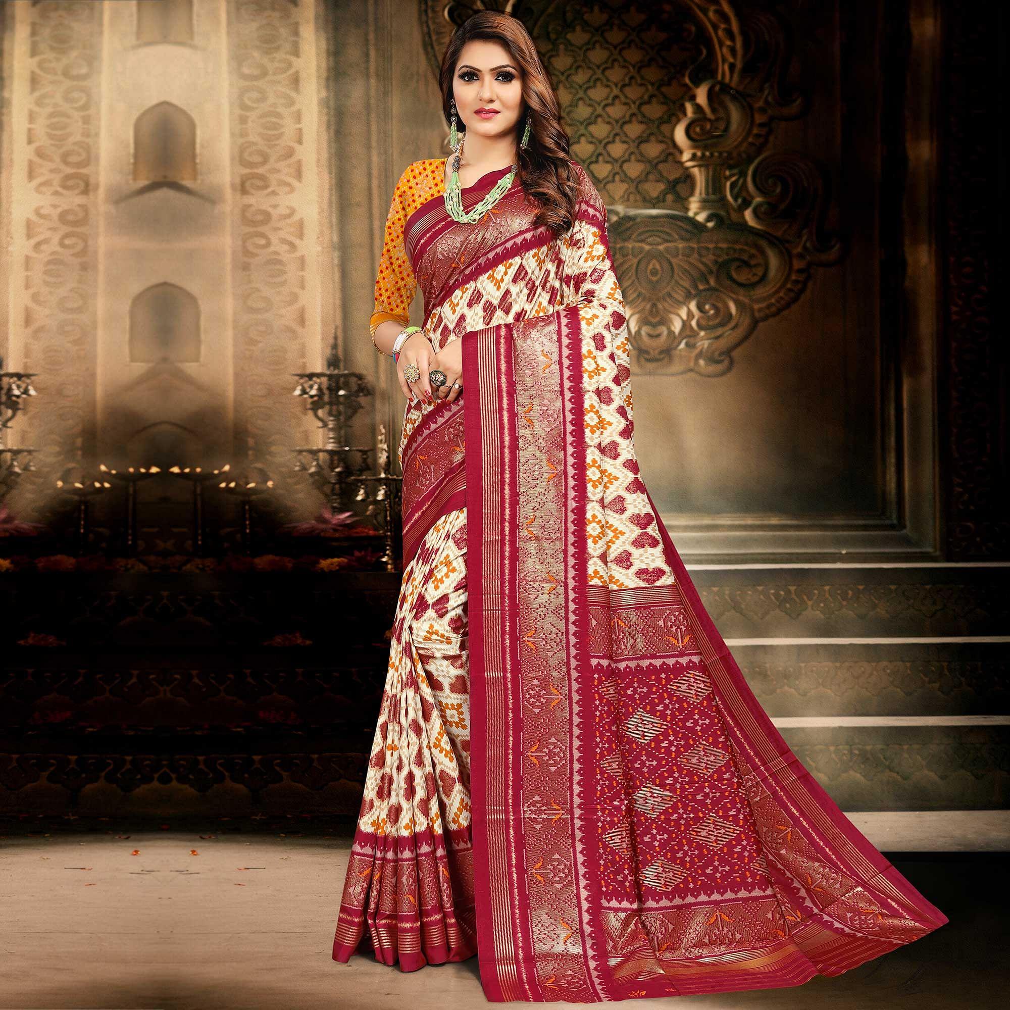 Peachmode Cream Festive Wear Printed Bhagalpuri Silk Saree