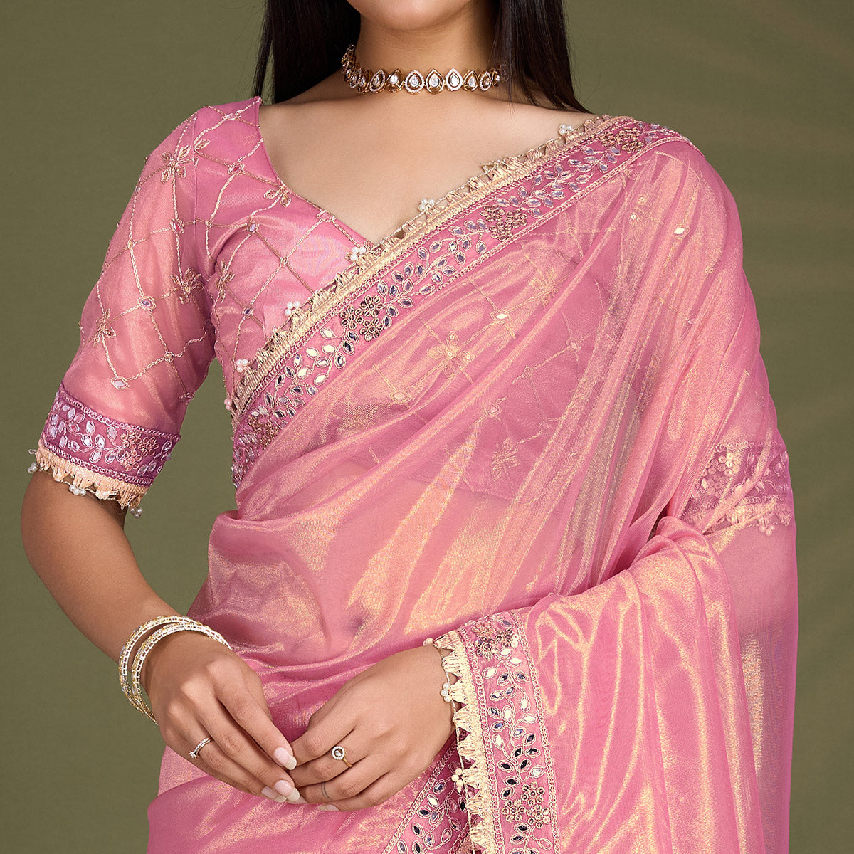 Peachmode Light Pink Sequins Embroidery With Mirror Handwork Twill Net Saree - view 3