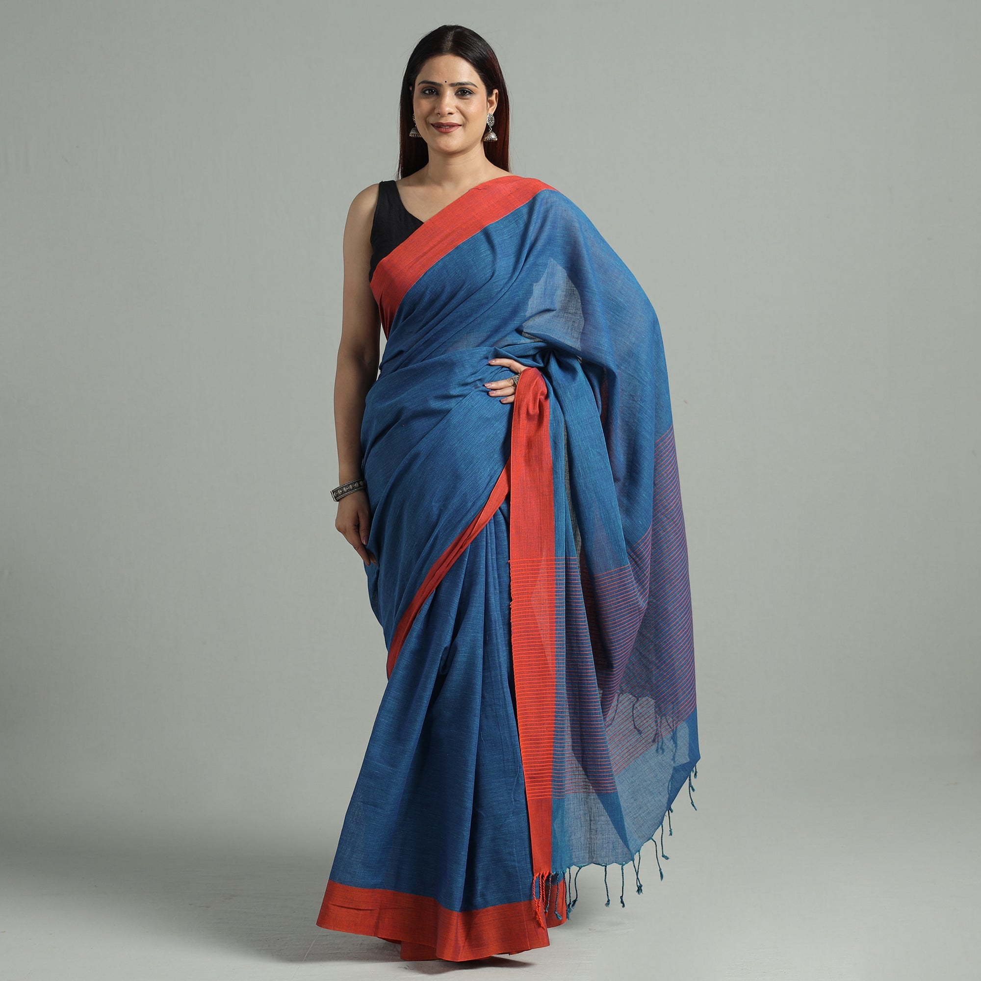ITOKRI CRAFTS INITIATIVE Blue - Bengal Woven Border Handloom Pure Cotton Saree 36