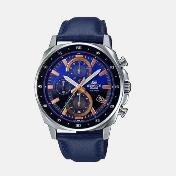 Casio Edifice Men Quartz Blue Dial Chronograph Leather Watch EX521