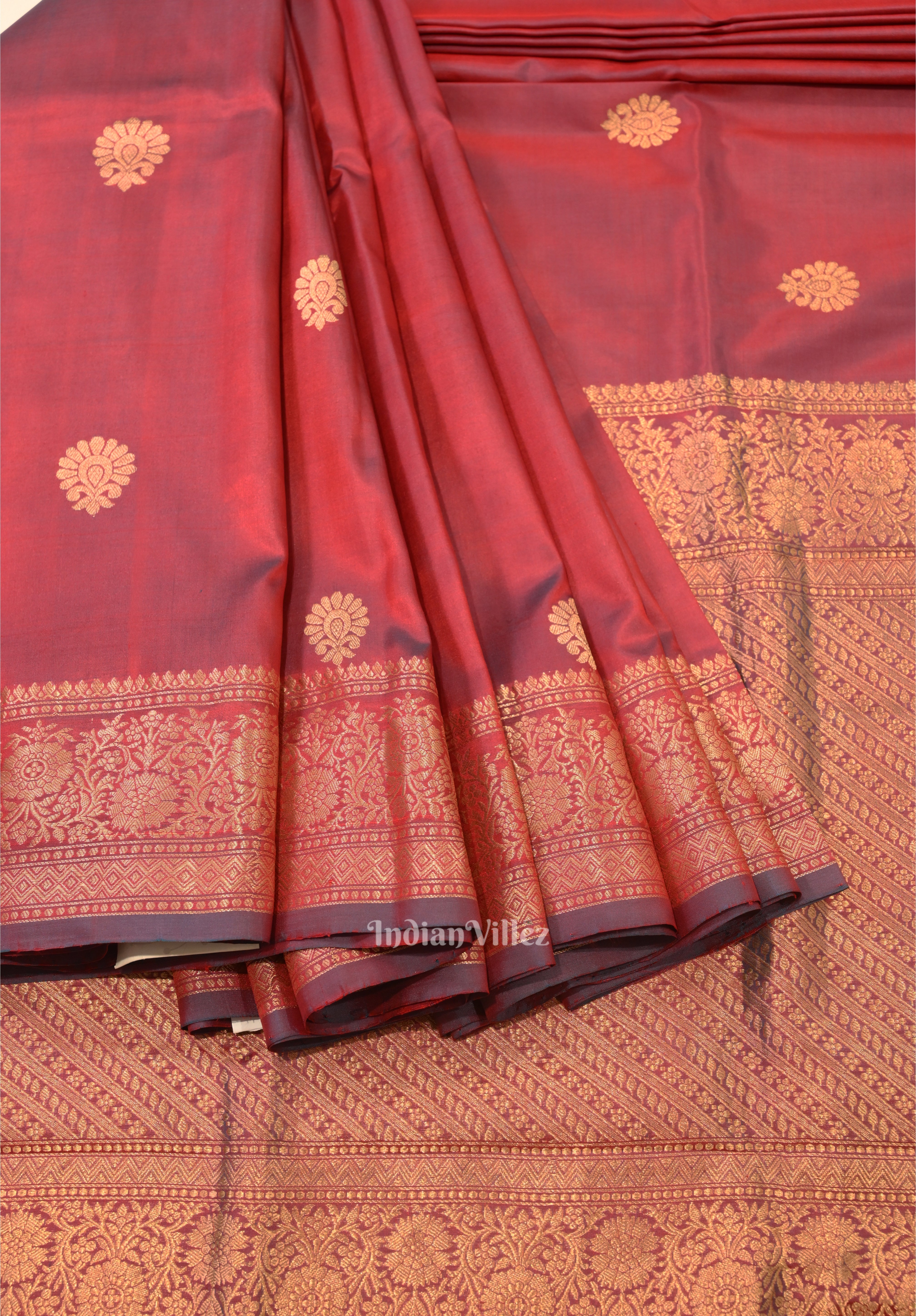 IndianVillèz Rust Red Designer Katan Banarasi Silk Saree