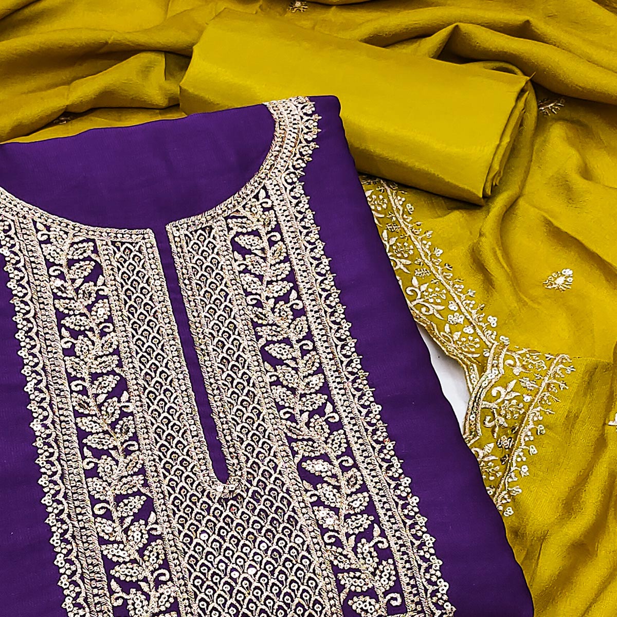 Peachmode Purple Floral Sequins Embroidered Vichitra Silk Dress Material - view 2