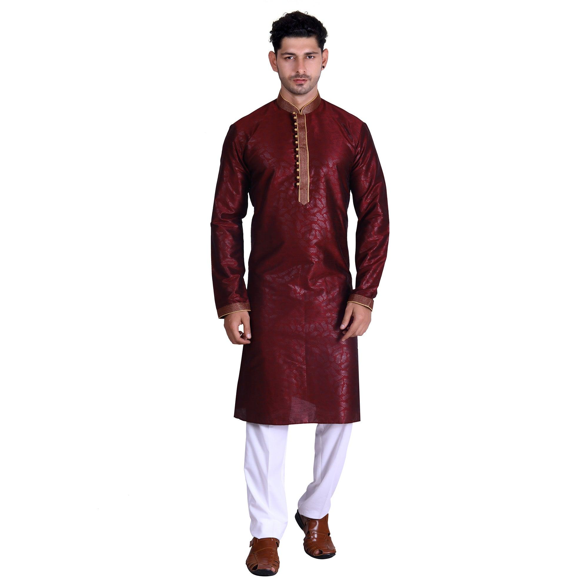 Peachmode Maroon Woven Art Silk Men's Kurta Pyjama Set