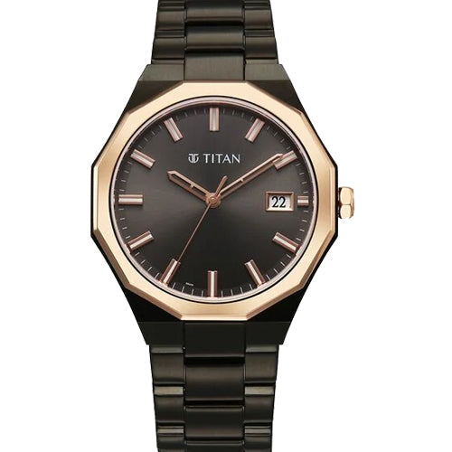 Titan Regalia Dodecagon Quartz Analog with Date Grey Dial Black Stainless Steel Strap Watch For Men 40mm 90212KM02