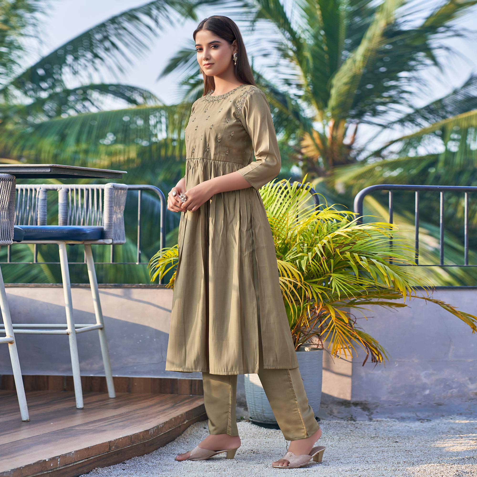 Peachmode Brown Floral Embroidered Pure Silk Anarkali Suit - view 6