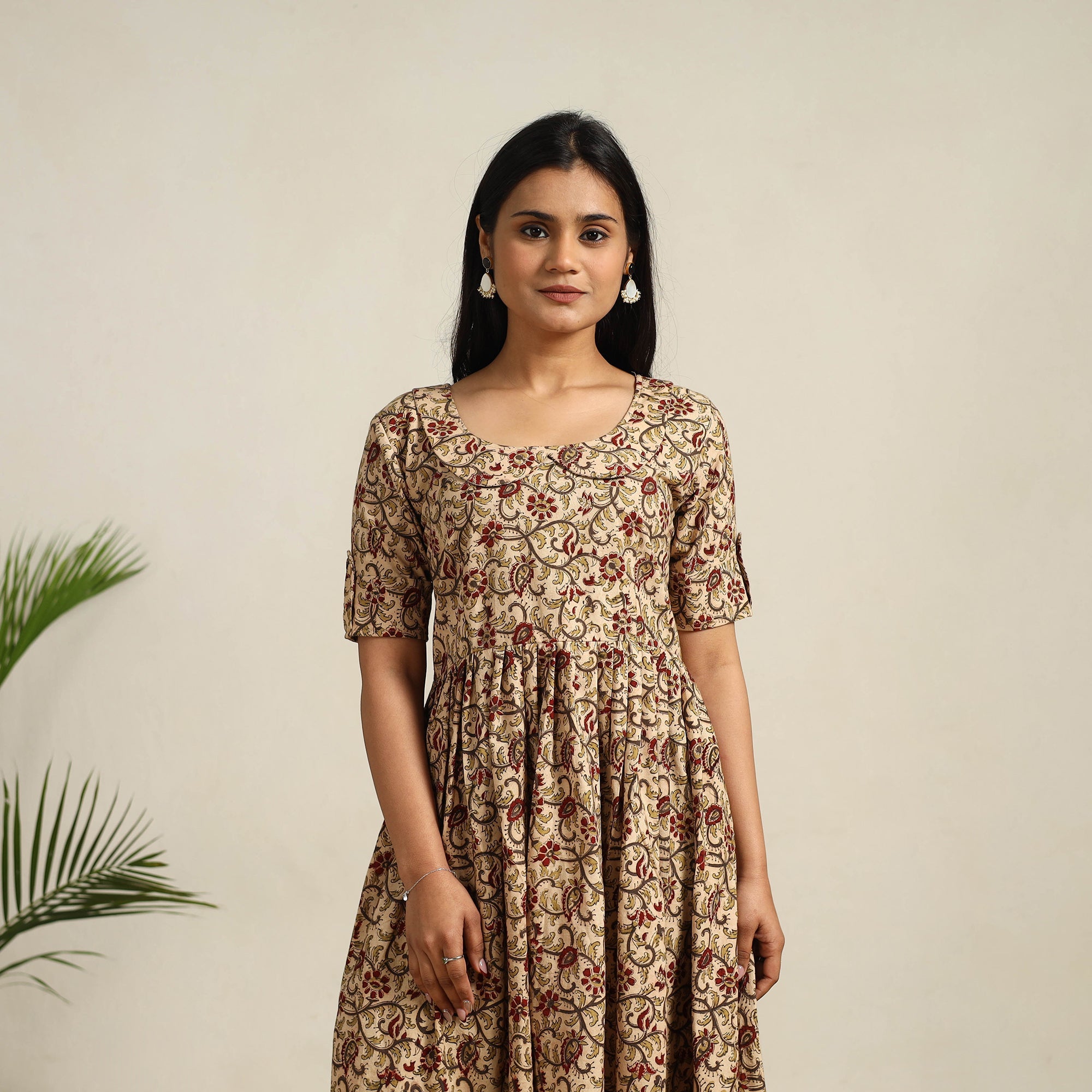 ITOKRI CASUALS Beige - Pedana Block Print Cotton Flared Kalamkari Dress 08