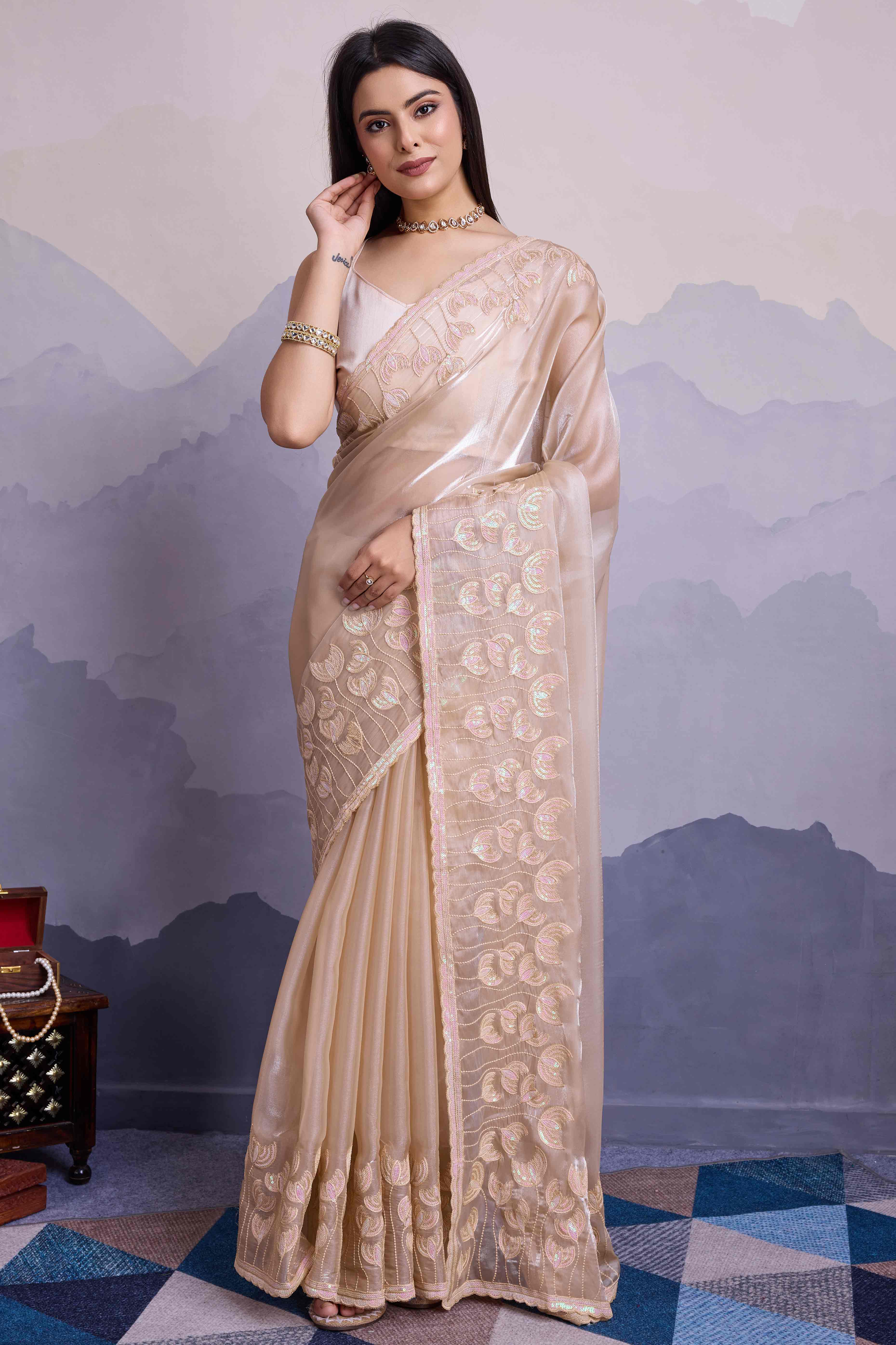 Peachmode Cream Floral Sequins Embroidered Jimmi Choo Zoya Silk Saree