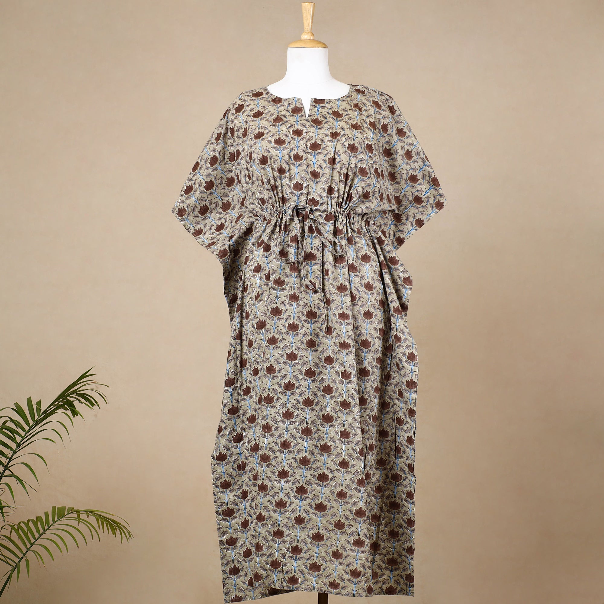 CHUTNEY CRAFT STUDIO Beige - Hand Block Printed Cotton Kaftan with Tie-Up Waist (Long)