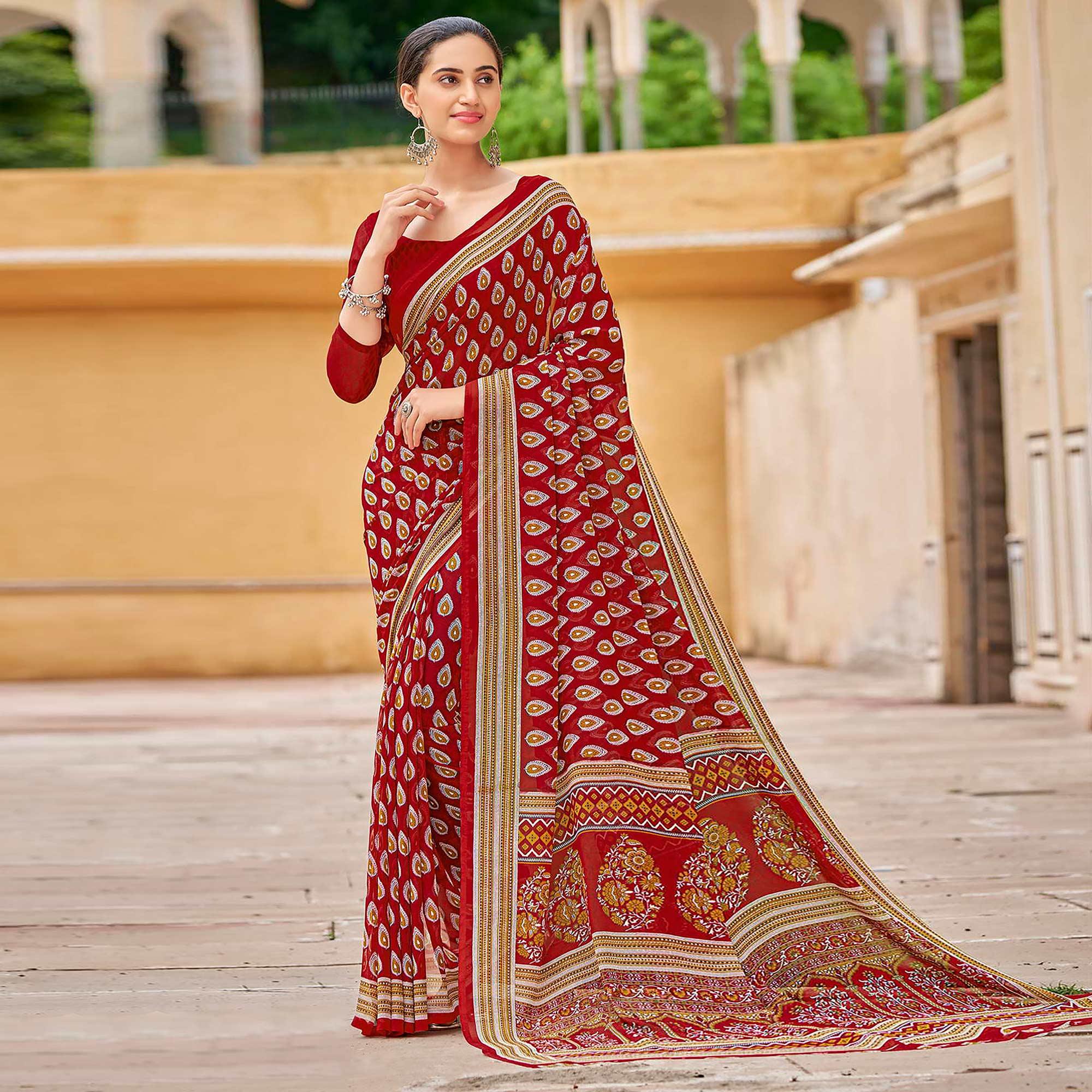 Peachmode Dark Red Printed Georgette Saree – Women's