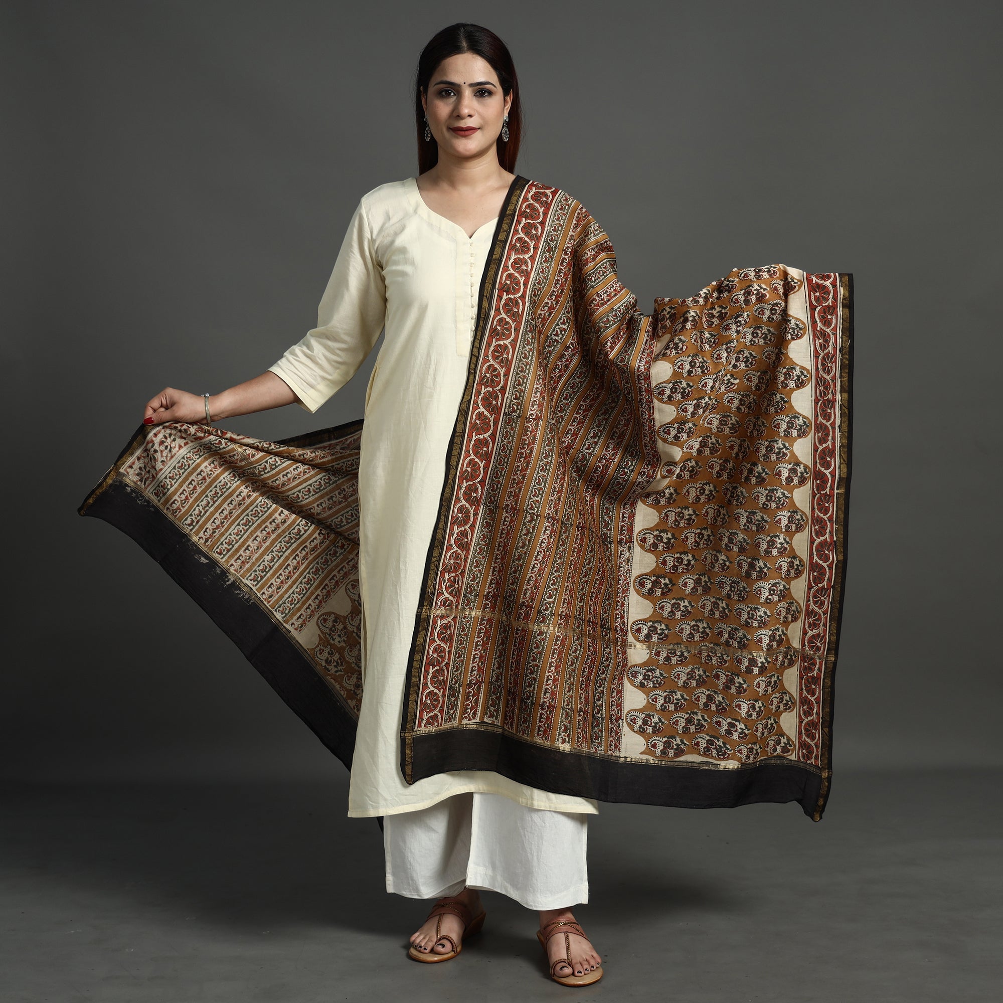 HAVELI CHRONICLES Brown - Block Print Chanderi Silk Kalamkari Bagru Dupatta 139