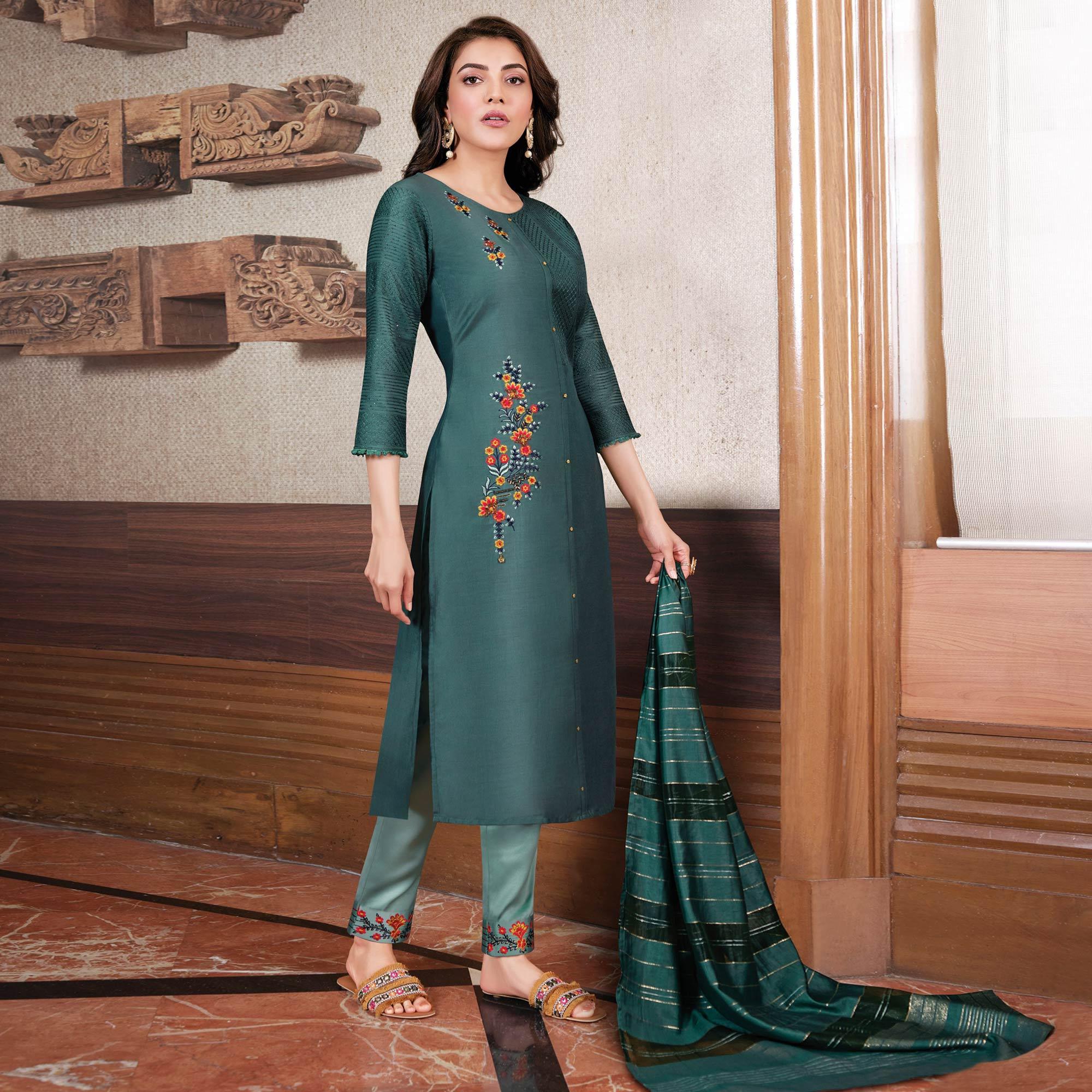 Peachmode Dusty Blue Partywear Heavy Embroidered Bemberg Silk Suit