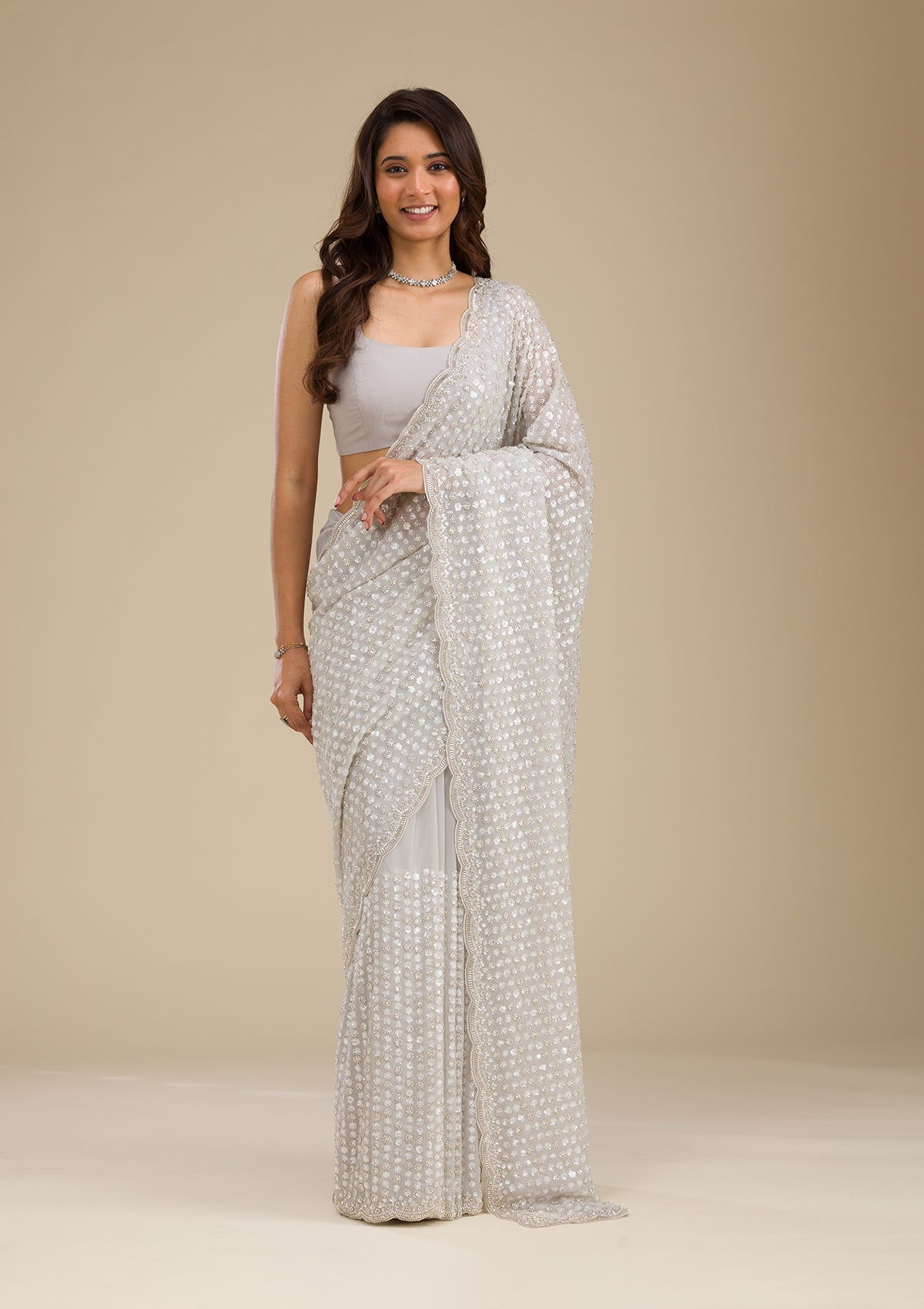 Koskii Light Grey Sequins Georgette Saree – Women's