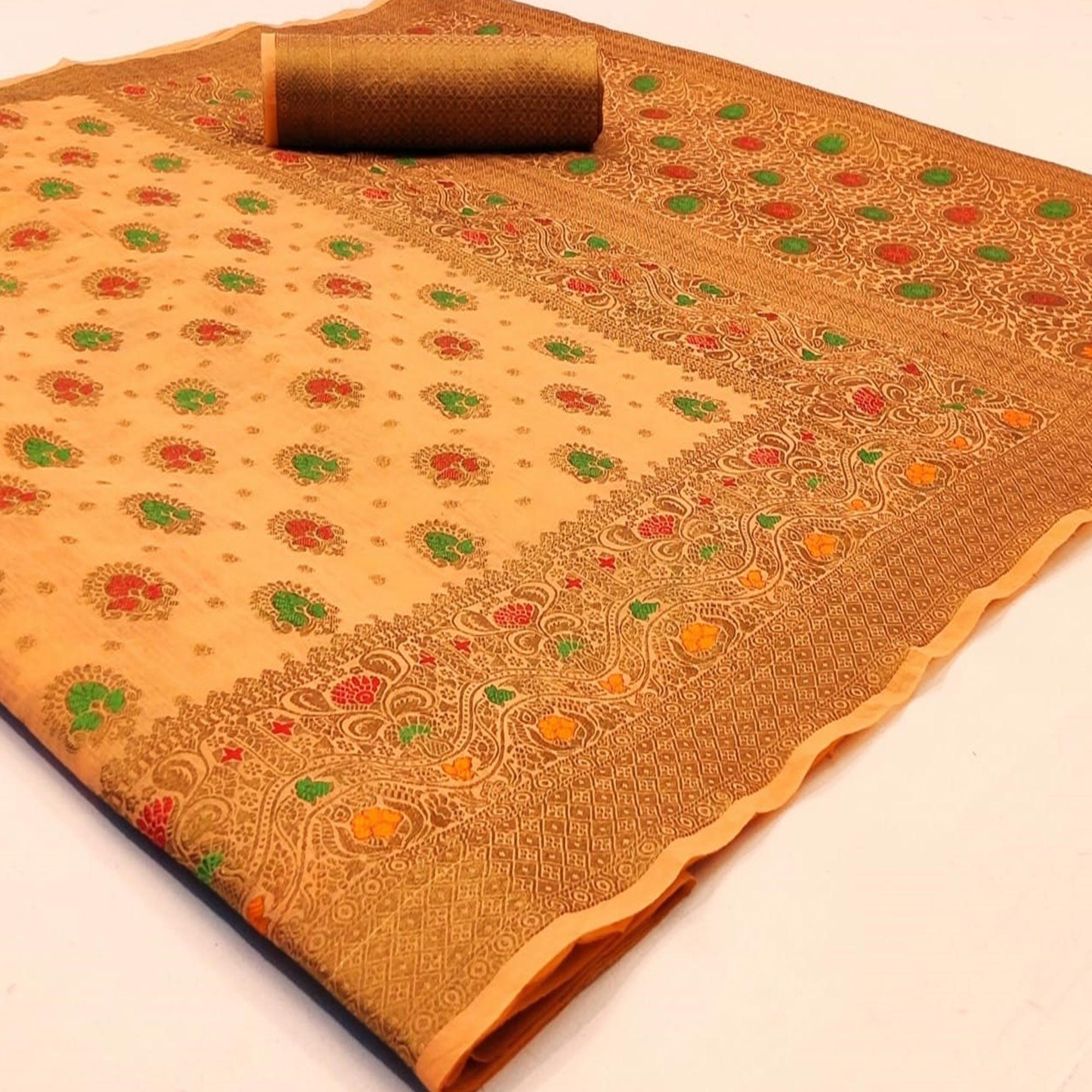 Peachmode Intricate Light Orange Colored Festive Wear Woven Cotton Saree