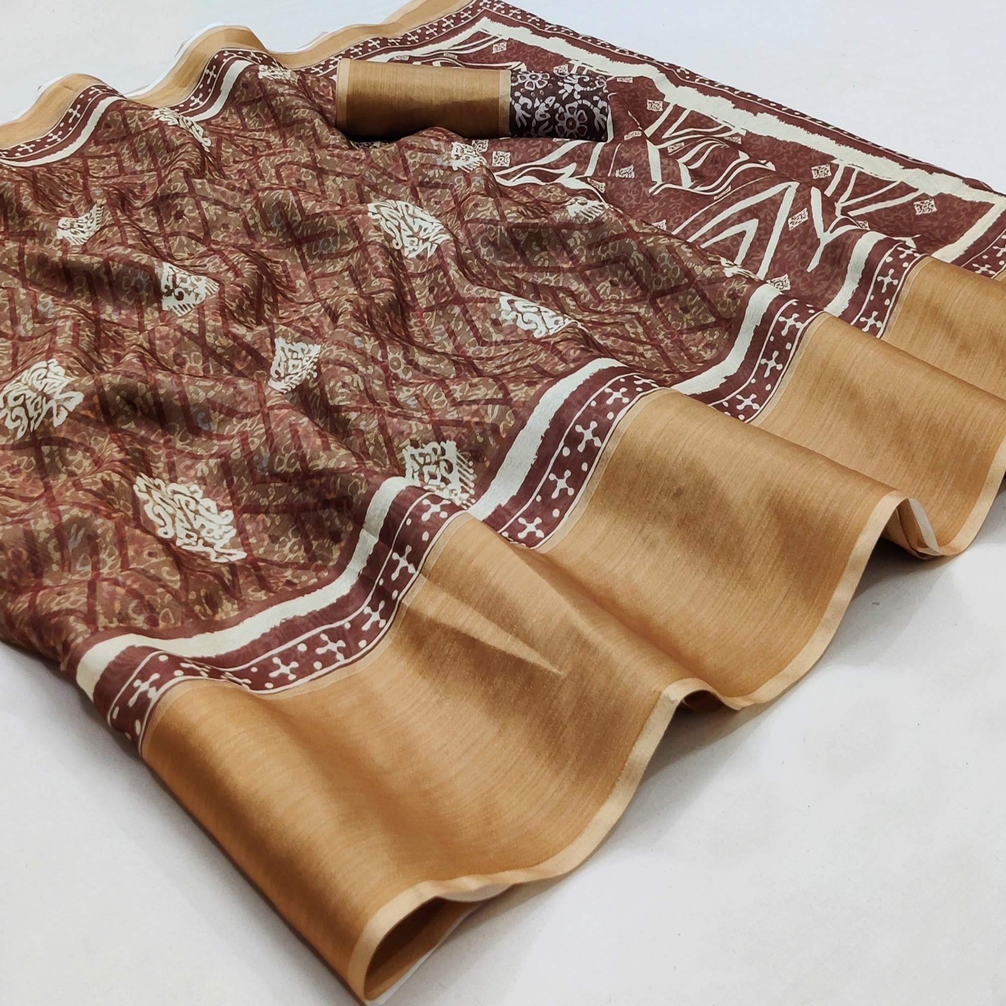 Peachmode Brown Casual Wear Digital Printed Silk Saree With Zari Jacquard Border