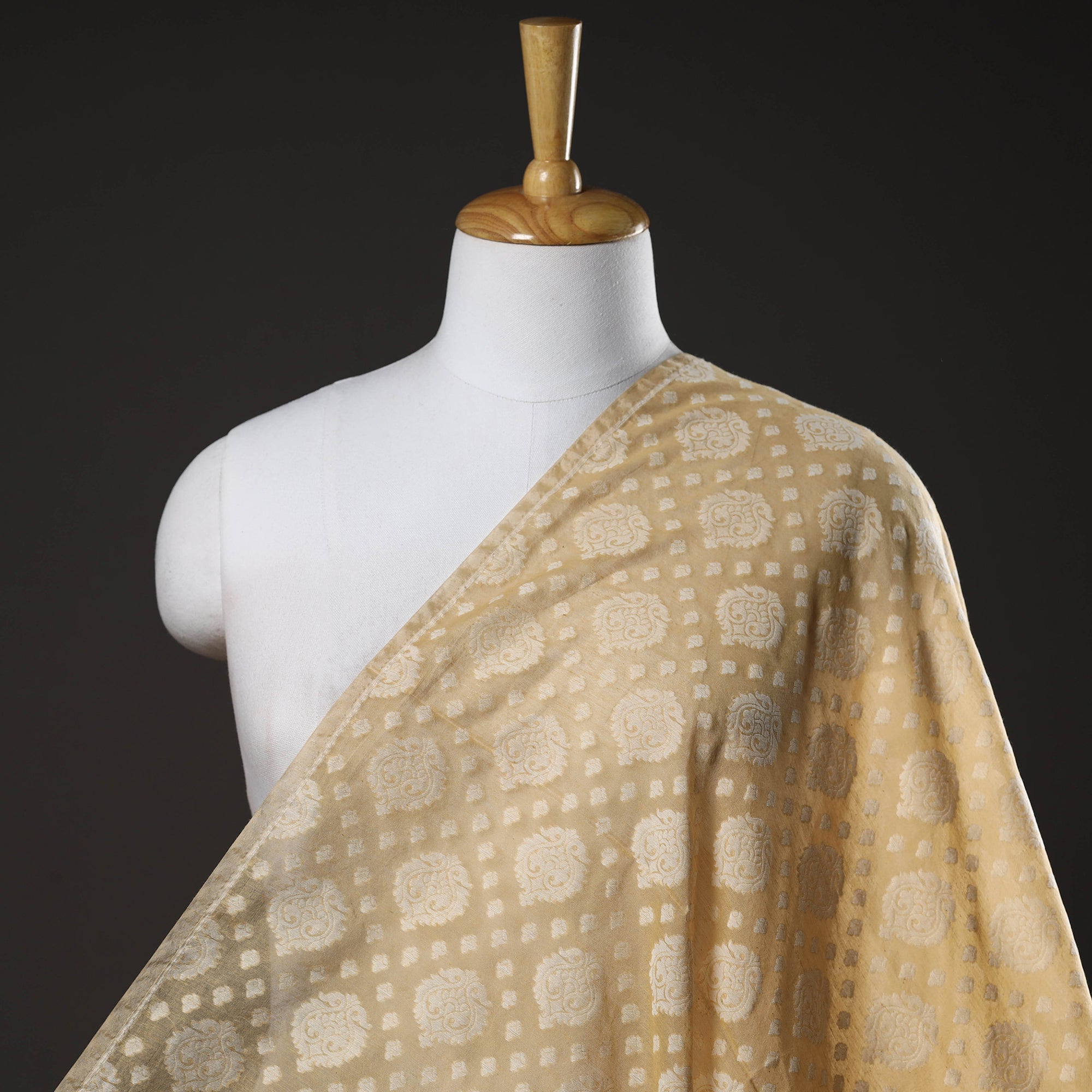 ITOKRI CRAFTS INITIATIVE Beige - Pure Banarasi Handwoven Cutwork Buti Cotton Fabric