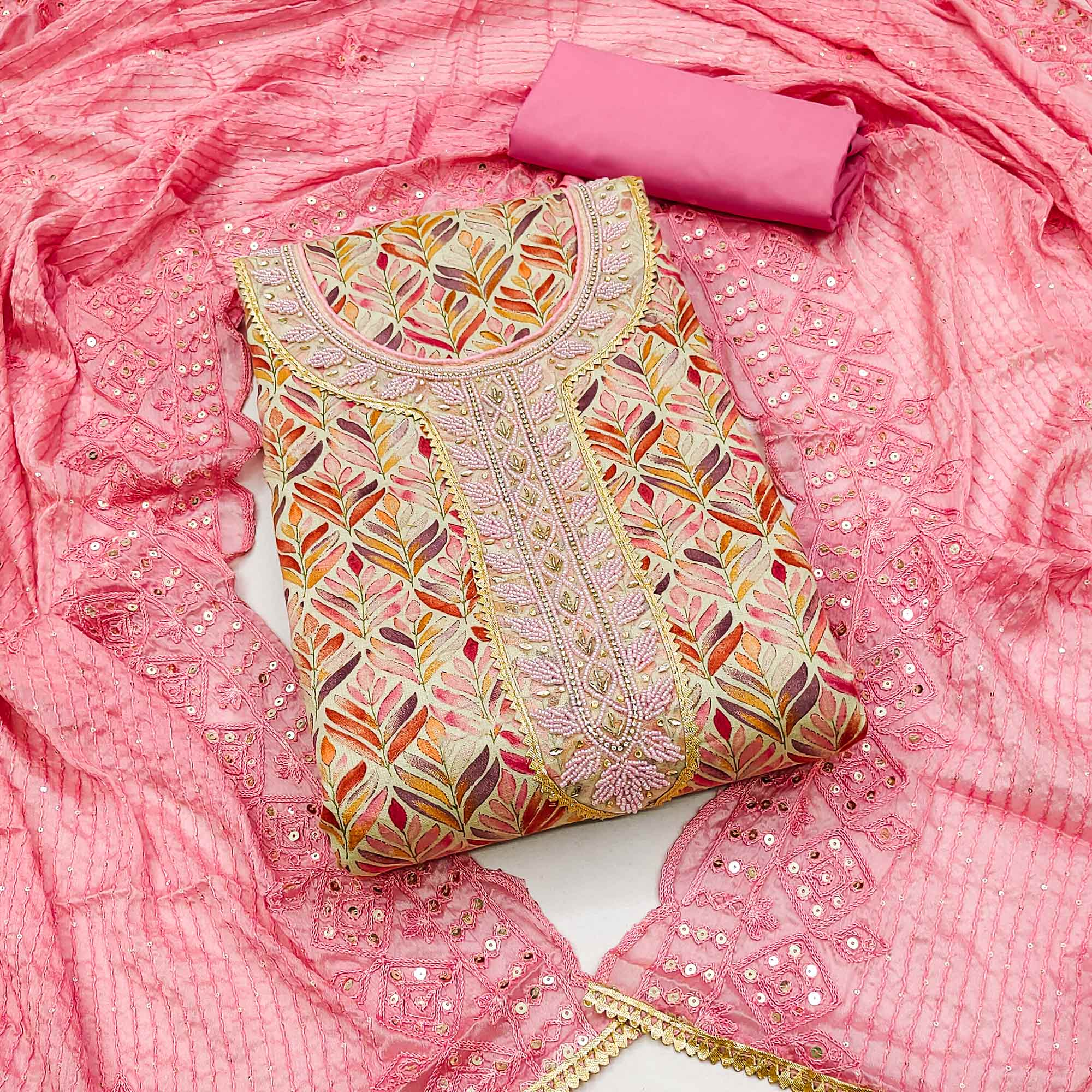 Peachmode Chikoo & Pink Printed With Handwork Pure Cotton Dress Material