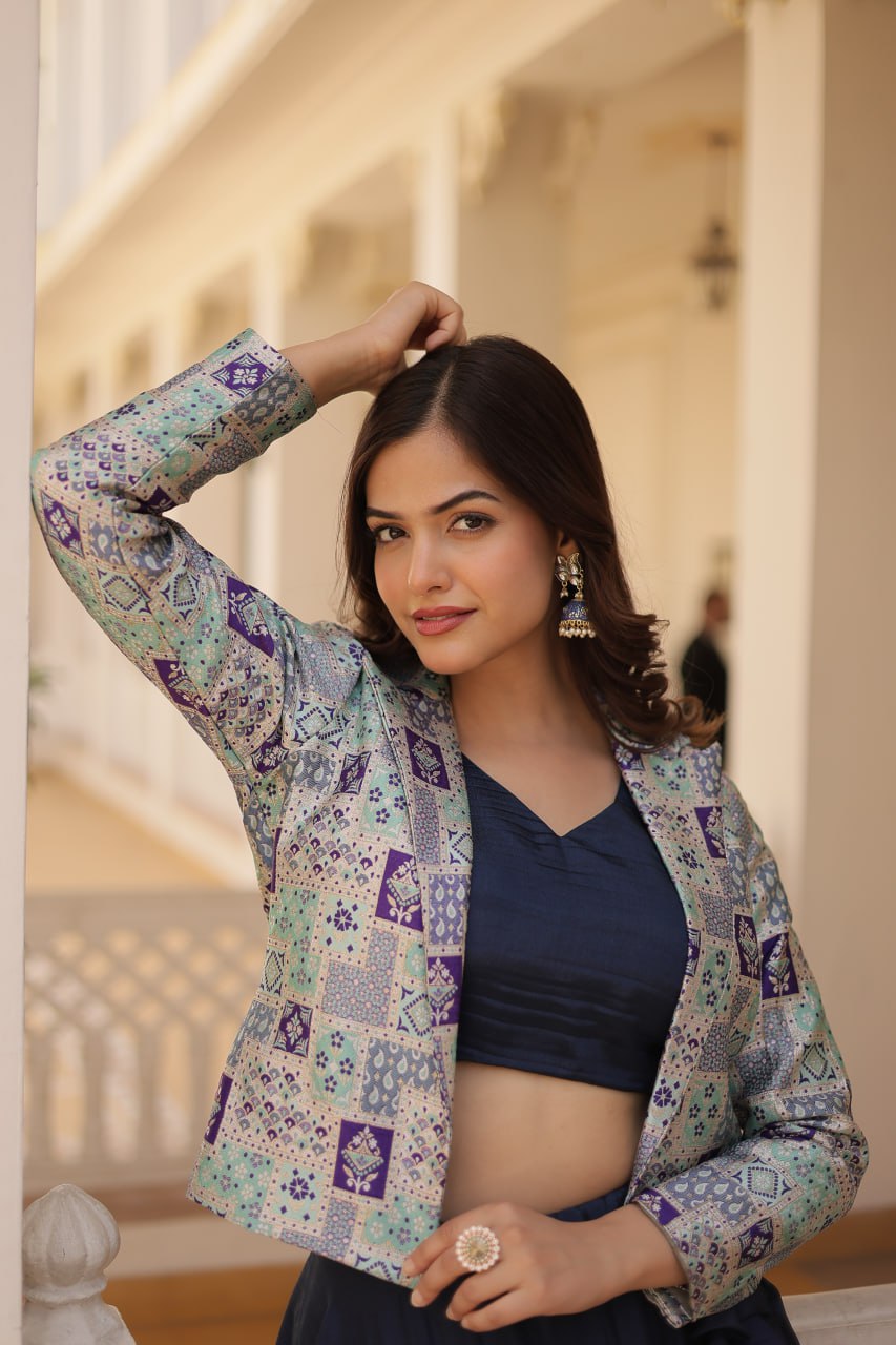 Clothsvilla Navy Blue Chinnon Lehenga Set with Sleeveless Blouse and Jacquard Koti - view 6