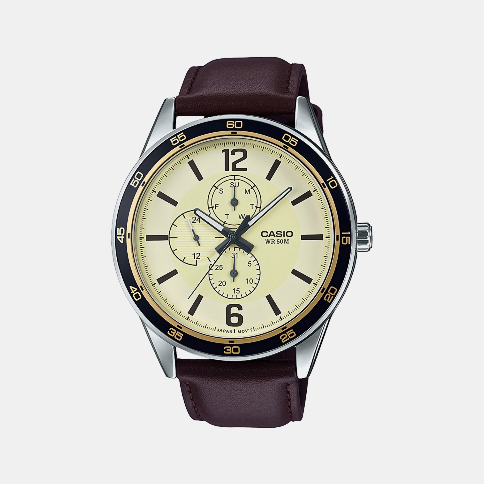 Casio Enticer Men Quartz Gold Dial Chronograph Leather Watch A1533