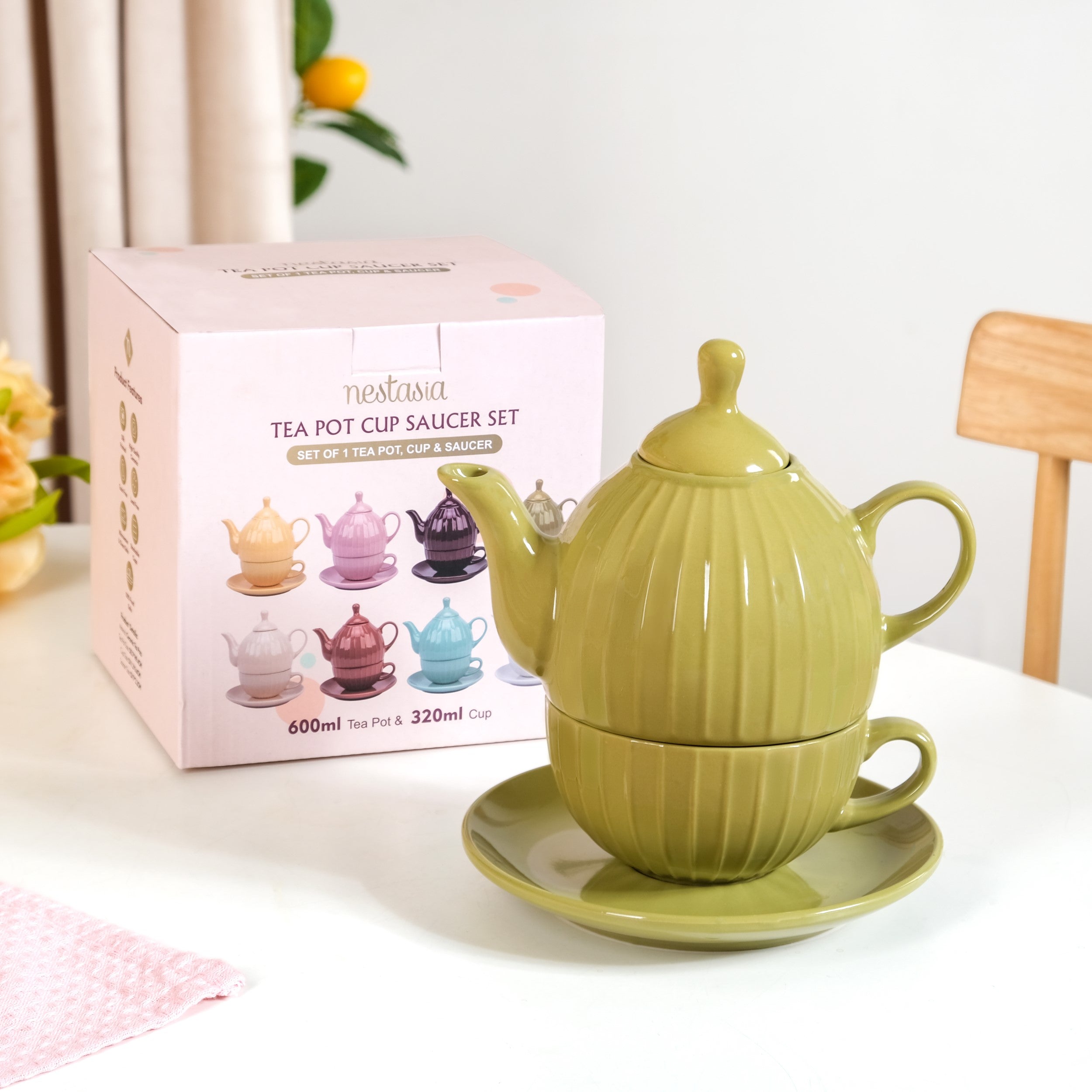 Nestasia Stackable Ambrosia Teapot And Cup With Saucer Olive Green