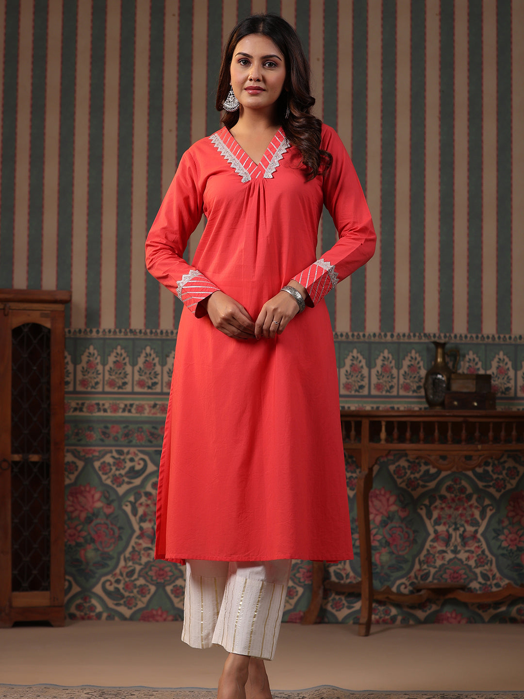 Fashor Solid Gota & Lace Embroidered A-Line Kurta with Lurex Palazzo - Peach