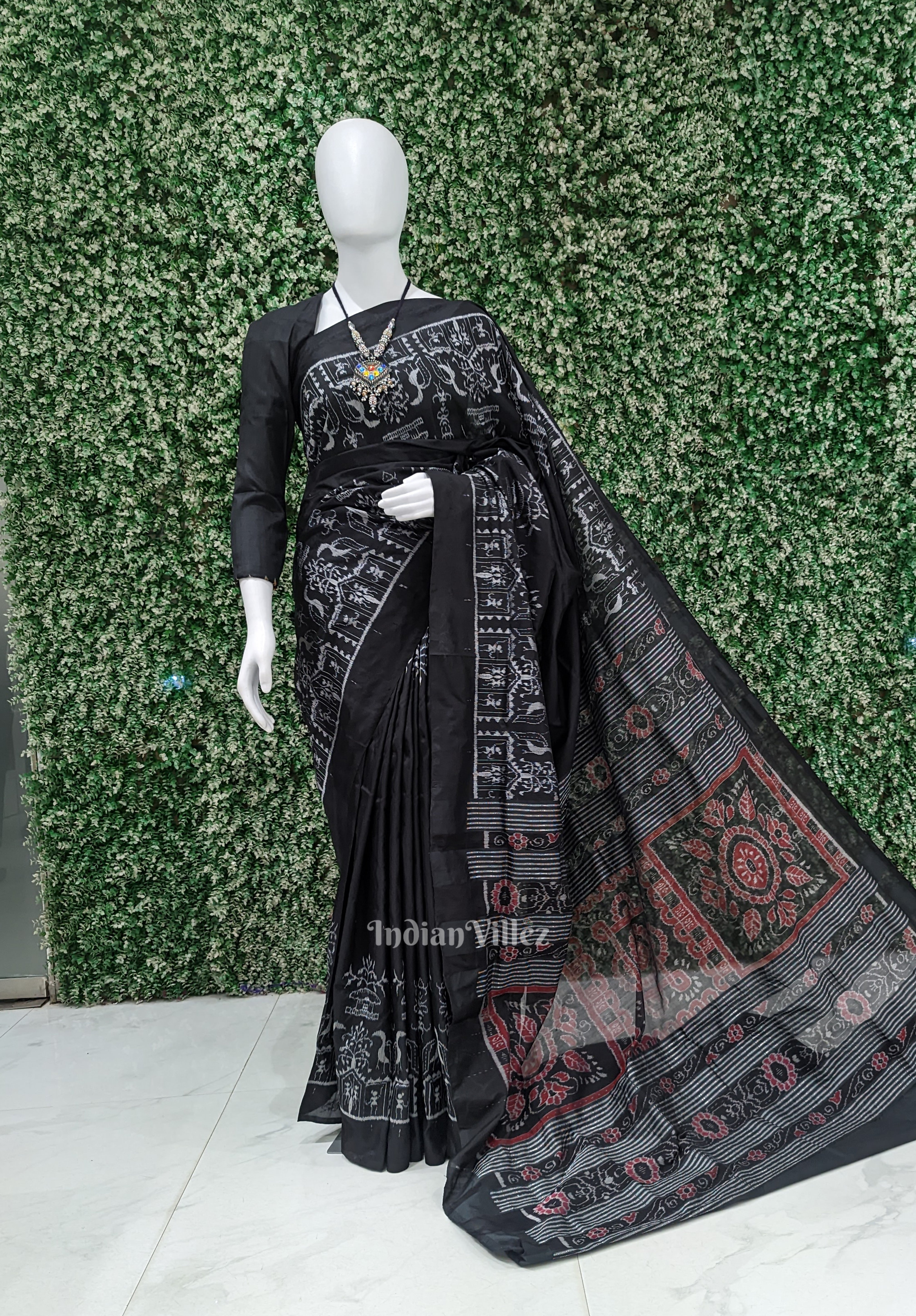 IndianVillèz Black Tribal Jhoti Contemporary Sambalpuri Silk Saree