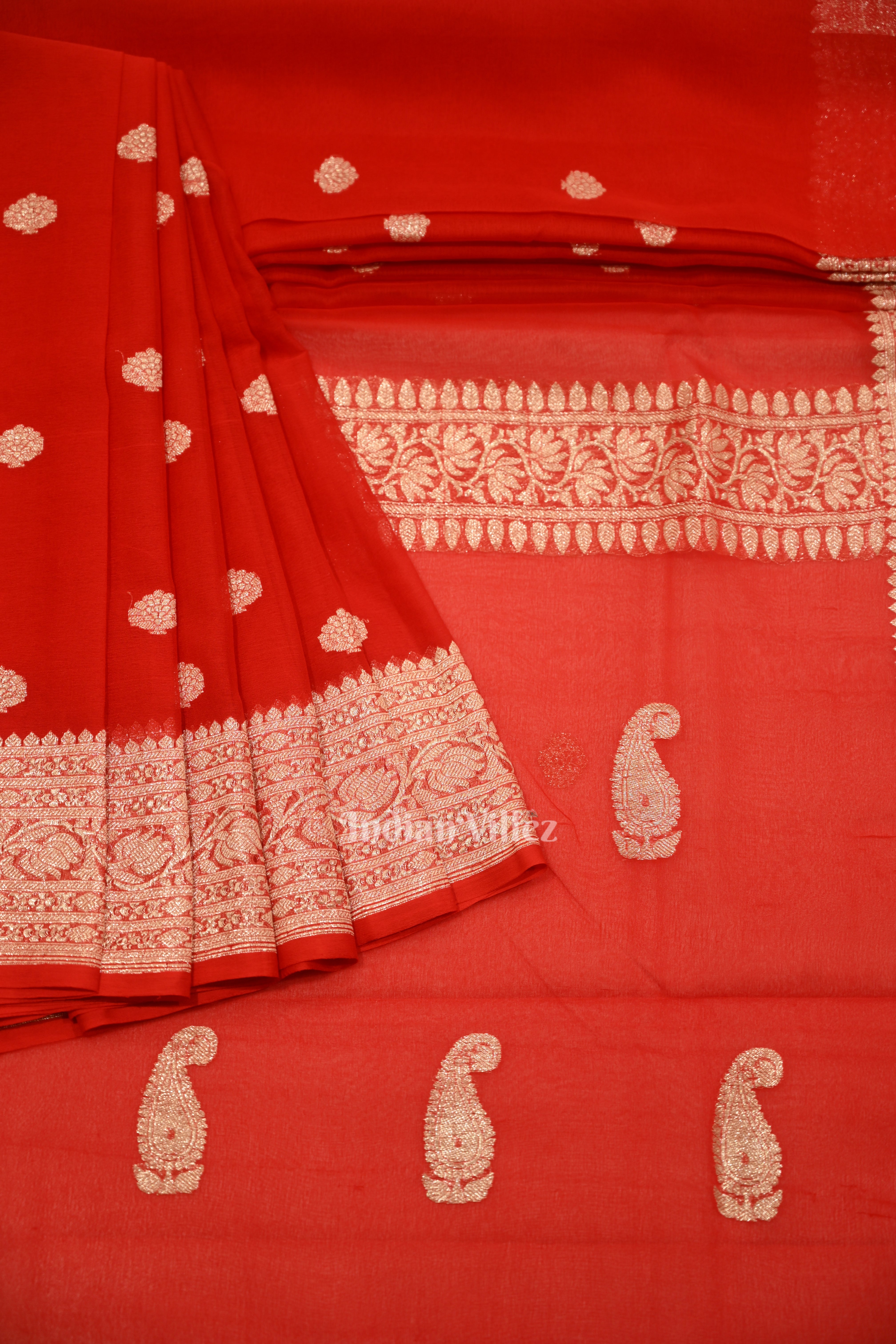 IndianVillèz Deep Red Pure Khaddi Chiffon Banarasi Saree